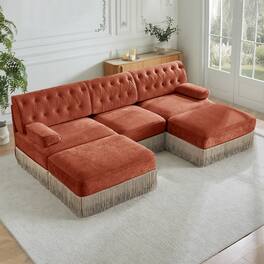 Anysun - U-Shape Velvet Chesterfield Sofa - Tassel Skirt, Button Tufted, Modular Design, Ergonomic for Living Room & Bedroom - Red