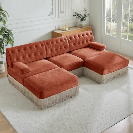 Front. Anysun - U-Shape Velvet Chesterfield Sofa - Tassel Skirt, Button Tufted, Modular Design, Ergonomic for Living Room & Bedroom - Red.