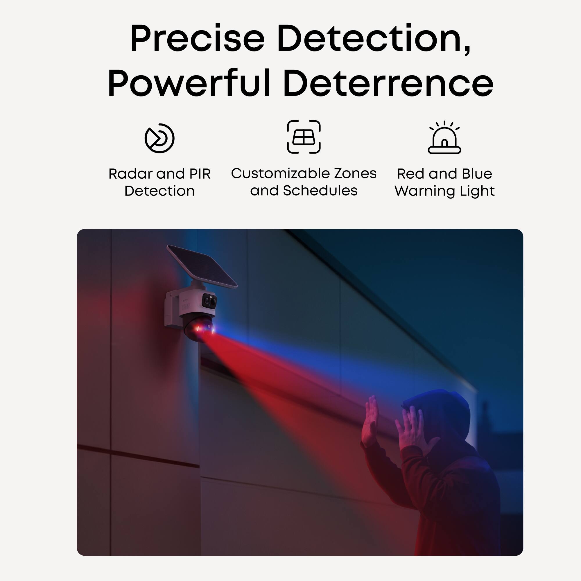 Precise Detection, Powerful Deterrence

- Radar and PIR Detection
- Customizable Zones and Schedules
- Red and Blue Warning Light