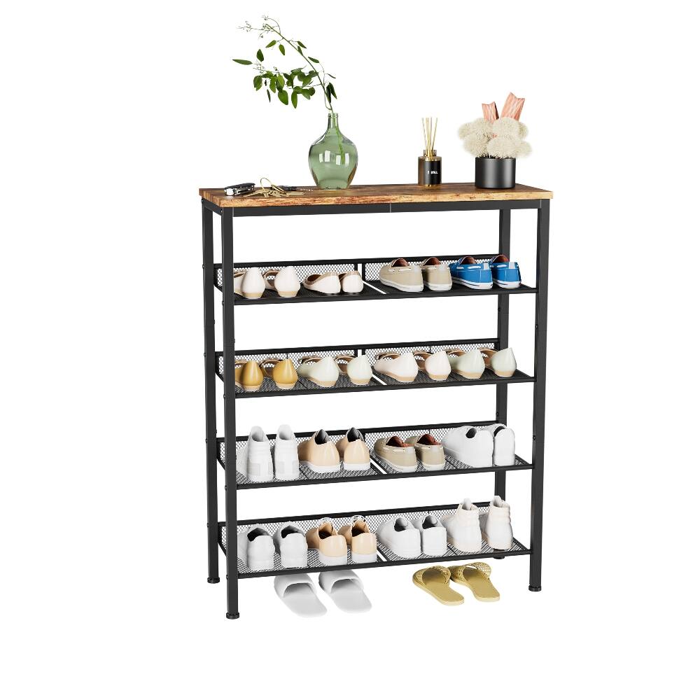 Left. Loheer - Loheer industrial shoe rack, country brown shoe organizer, 5-layer shoe rack with wooden top, 30x11.5x37 in - Country Brown.