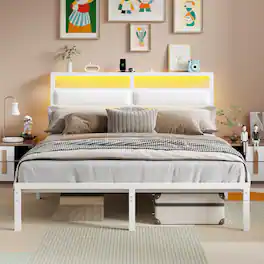 Furnulem - Bed Frame with Storage Headboard LED Light Built-in Charging Station USB Ports Underbed Storage No Box Spring Needed - White