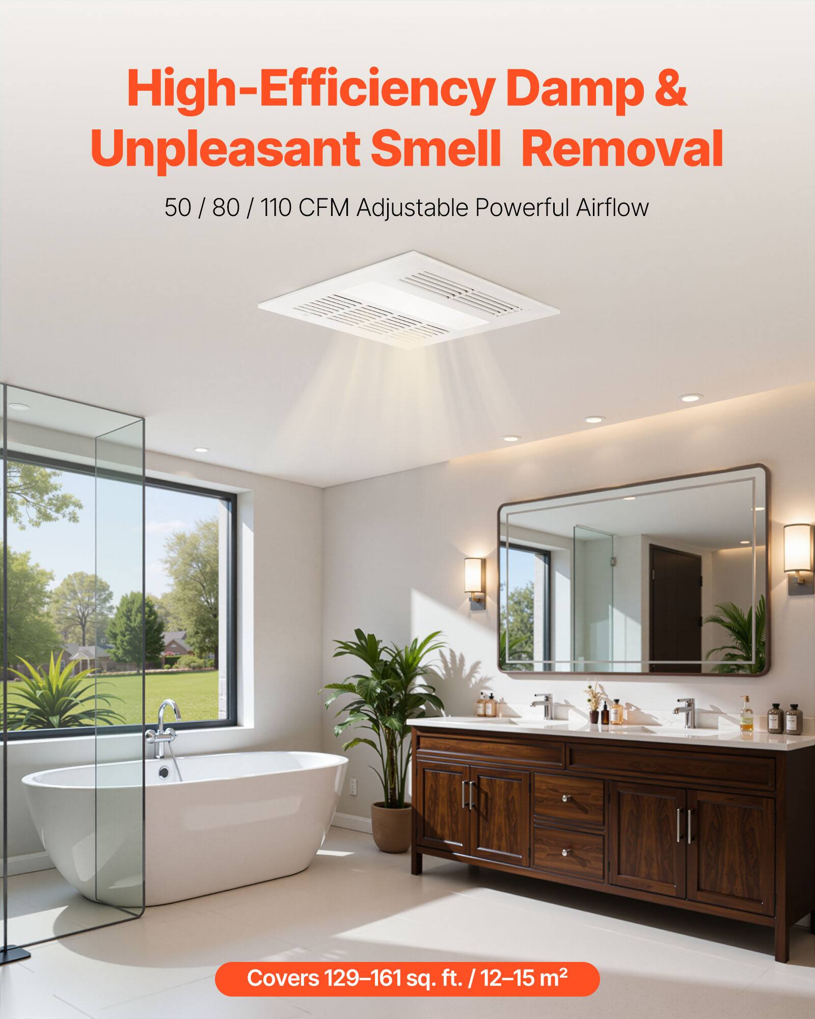 High-Efficiency Damp & Unpleasant Smell Removal  
50 / 80 / 110 CFM Adjustable Powerful Airflow  
Covers 129-161 sq. ft. / 12-15 m²