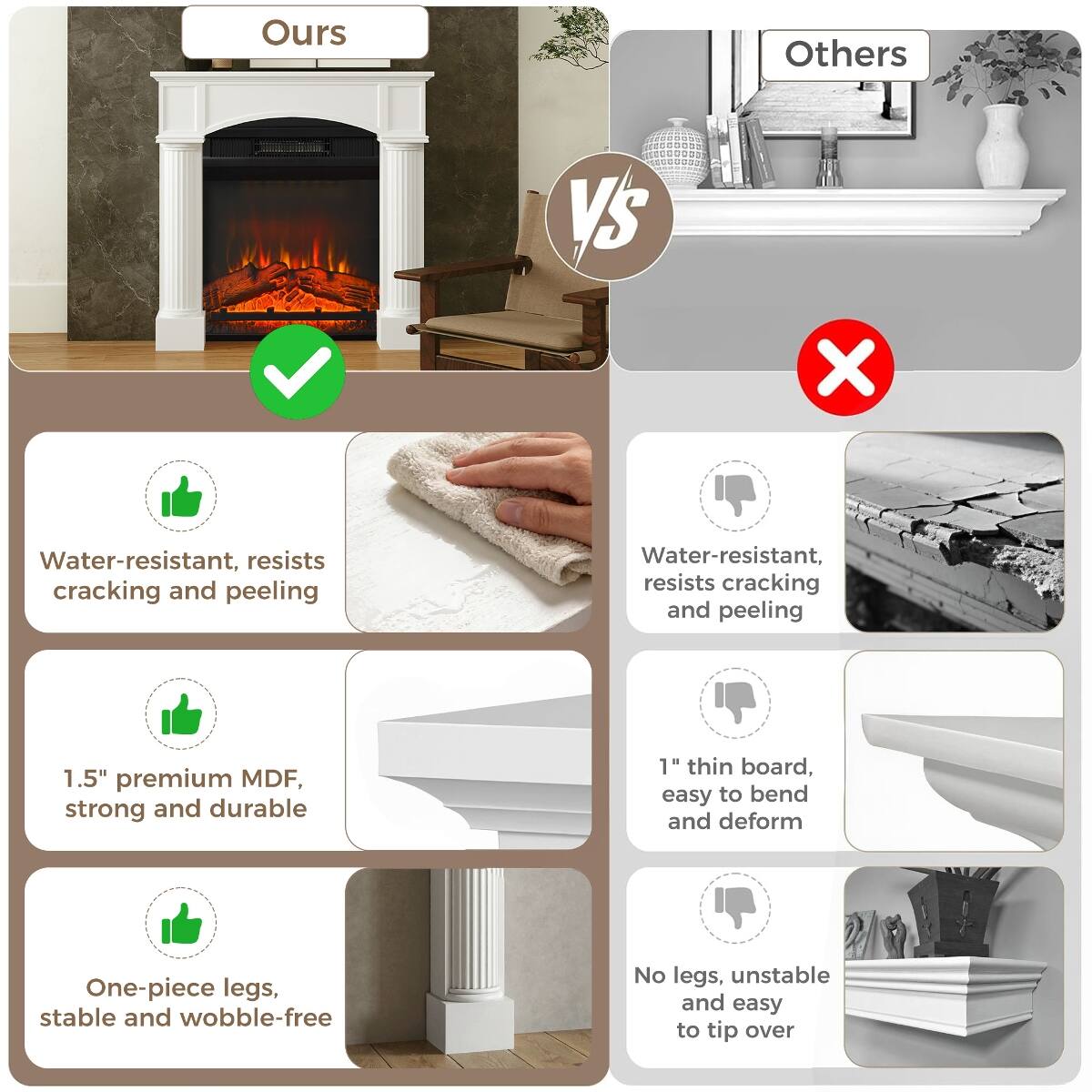 Ours
Others
Vs
X
Water-resistant, resists cracking and peeling
Water-resistant, resists cracking and peeling
1.5" premium MDF, strong and durable
1" thin board, easy to bend and deform
One-piece legs, stable and wobble-free
No legs, unstable and easy to tip over