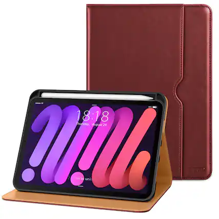 DTTO - Case for iPad Mini 7 (A17 Pro) 2024 / Mini 6 2021 8.3" - Leather Folio Stand with Pencil Holder & Multi-Angle Viewing - Burgundy Red