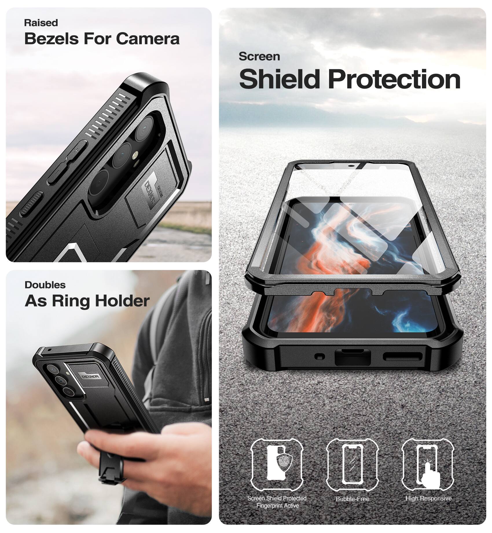 Raised Bezels For Camera  
Screen Shield Protection  
Doubles As Ring Holder  

Screen Shield Protected  
Fingerprint Active  
Bubble-Free  
High Responsive