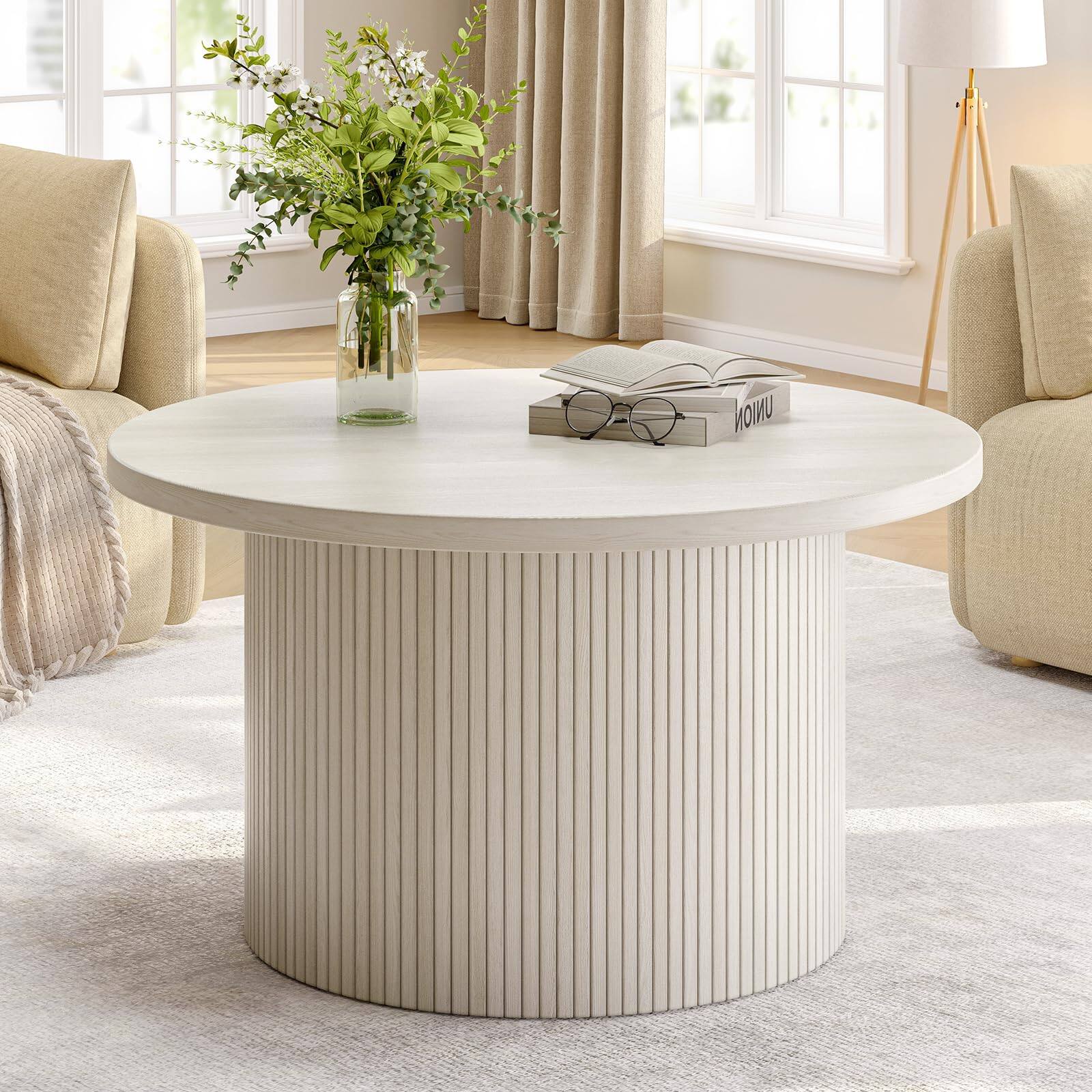 Front. VEGA AUTOMOTIVE - 31.5" Round Tambour Coffee Table, Mid-Century Engineered Wood Drum Accent - Natural White.