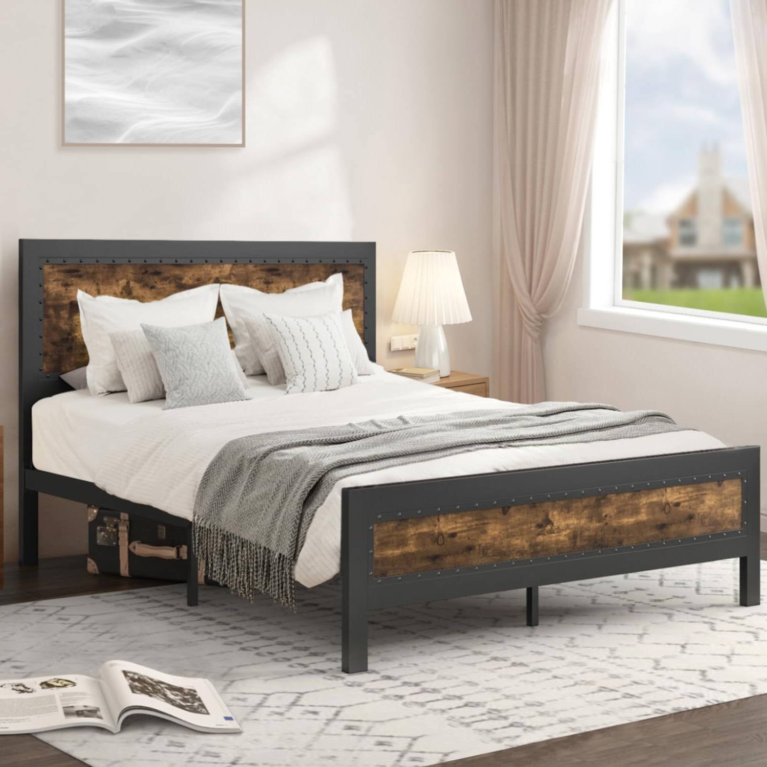 Left. Hivvago - Hivvago Queen Industrial Rivet Platform Bed Frame with Headboard - Rustic Brown.