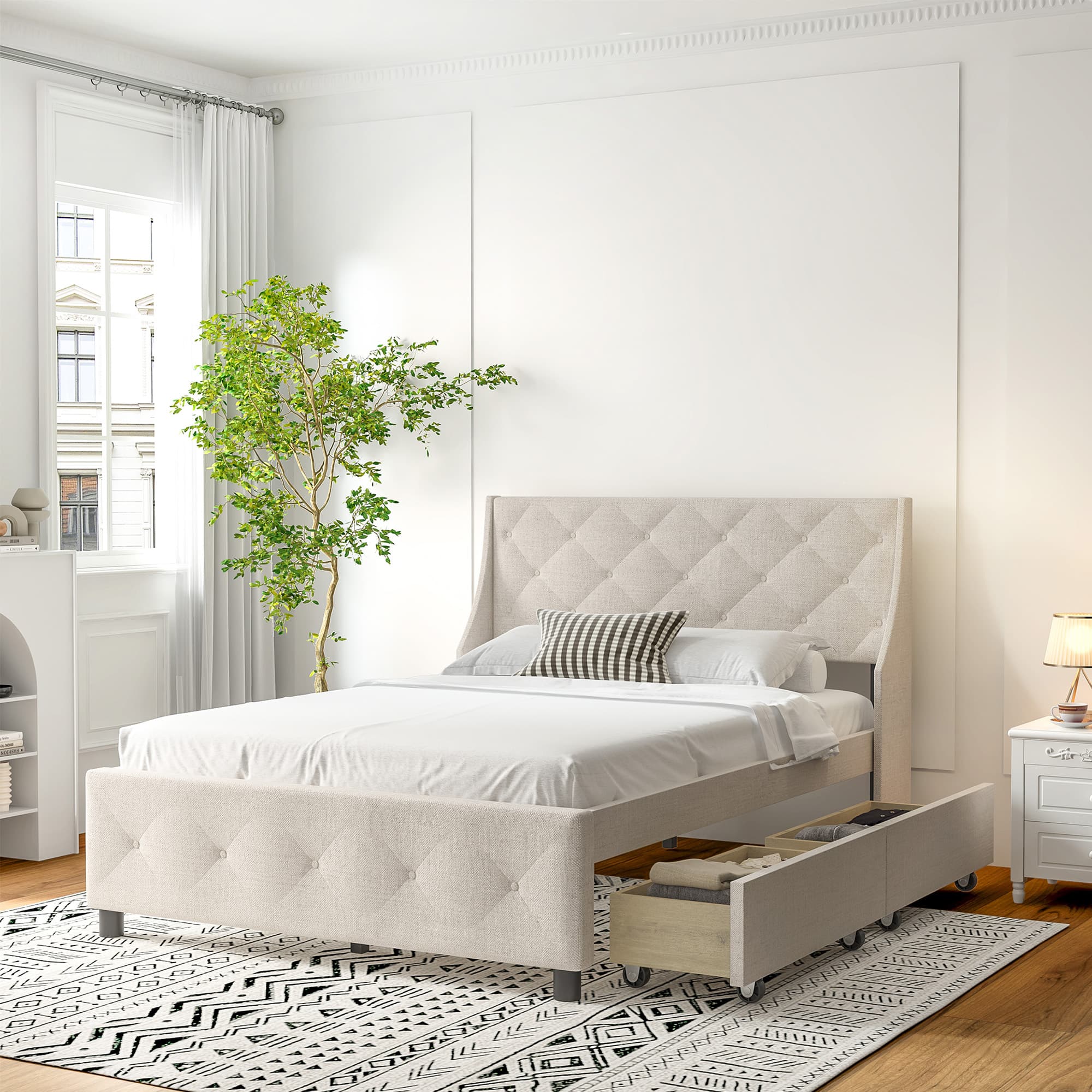 LUCKY ONE - Queen Size Bed Frame with Storage Headboard - Gray