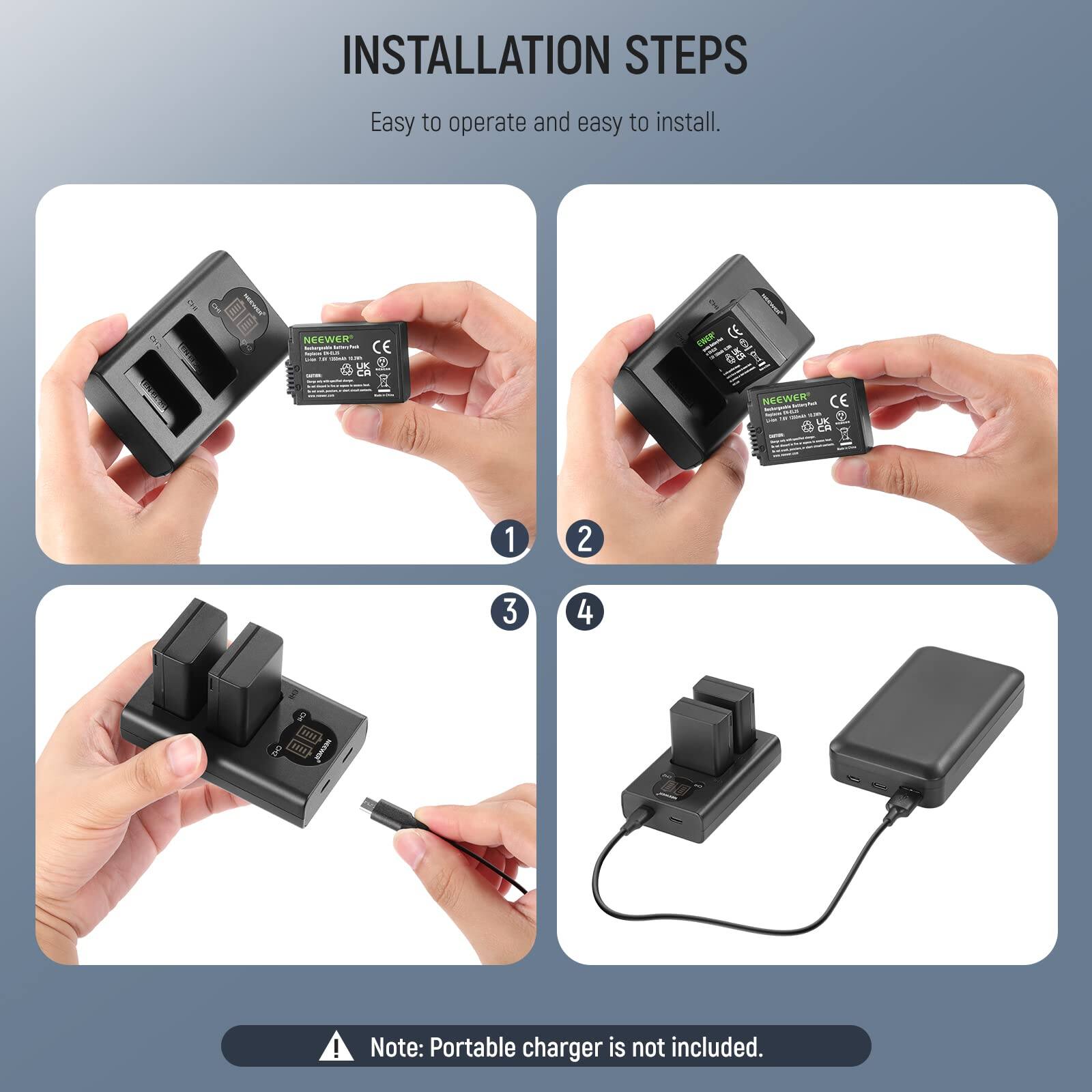 Neewer 2 Pack EN EL25 Battery & USB C Charger Set for Nikon Z30