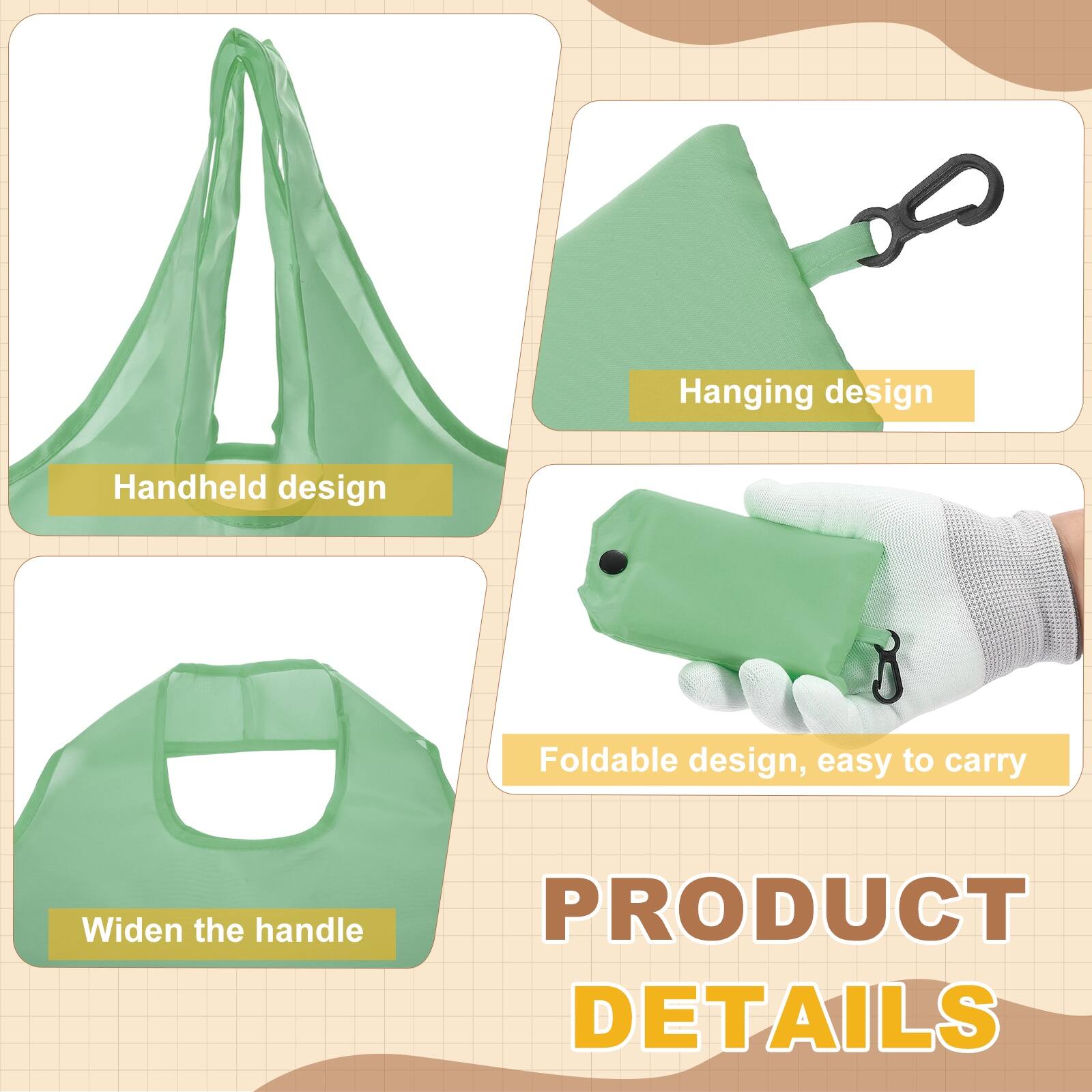 Hanging design  
Handheld design  
Foldable design, easy to carry  
Widen the handle  

PRODUCT DETAILS