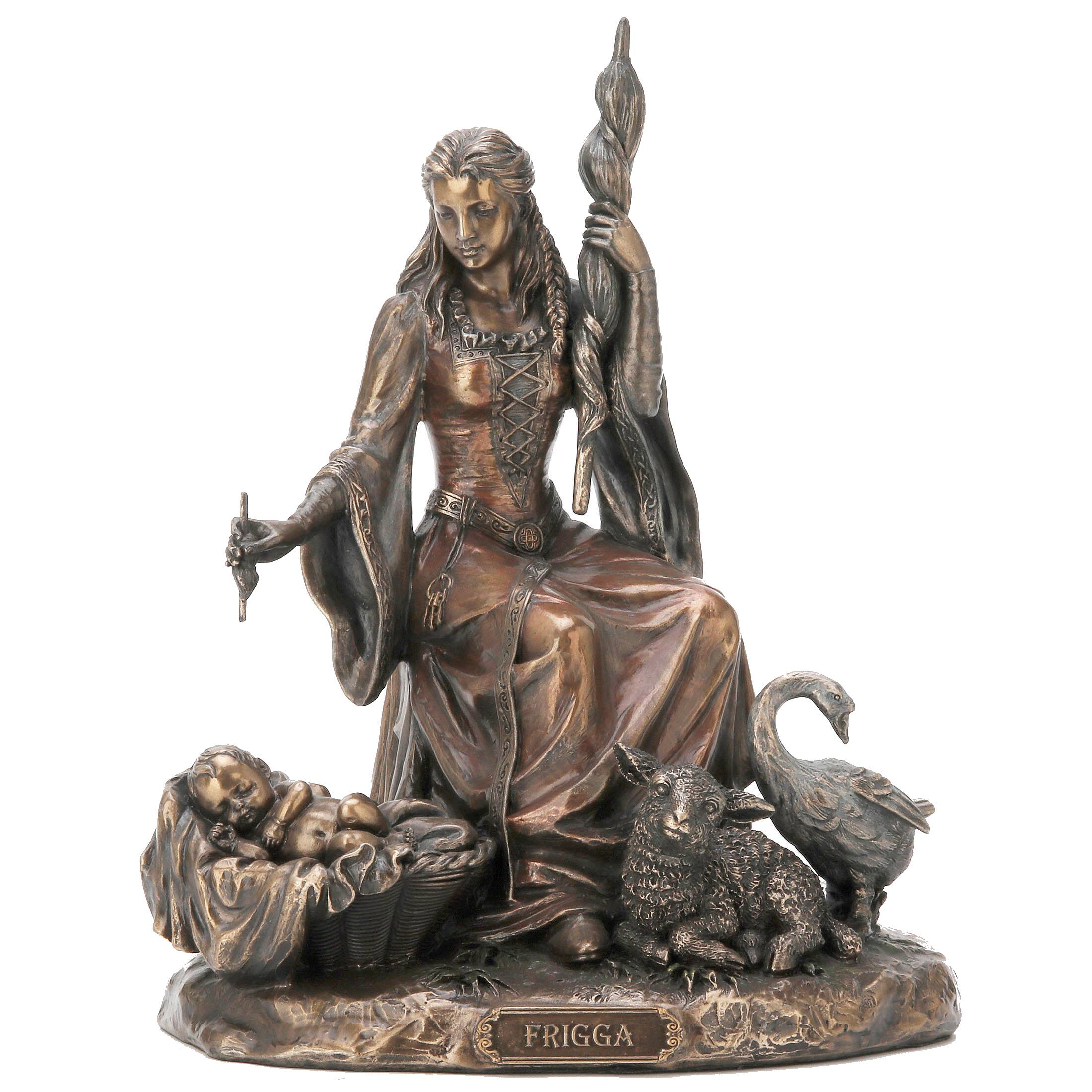 Front. Veronese Design - Frigga Norse Goddess of Destiny Love and Marriage w/Infant Animals & Spindle - Bronze.