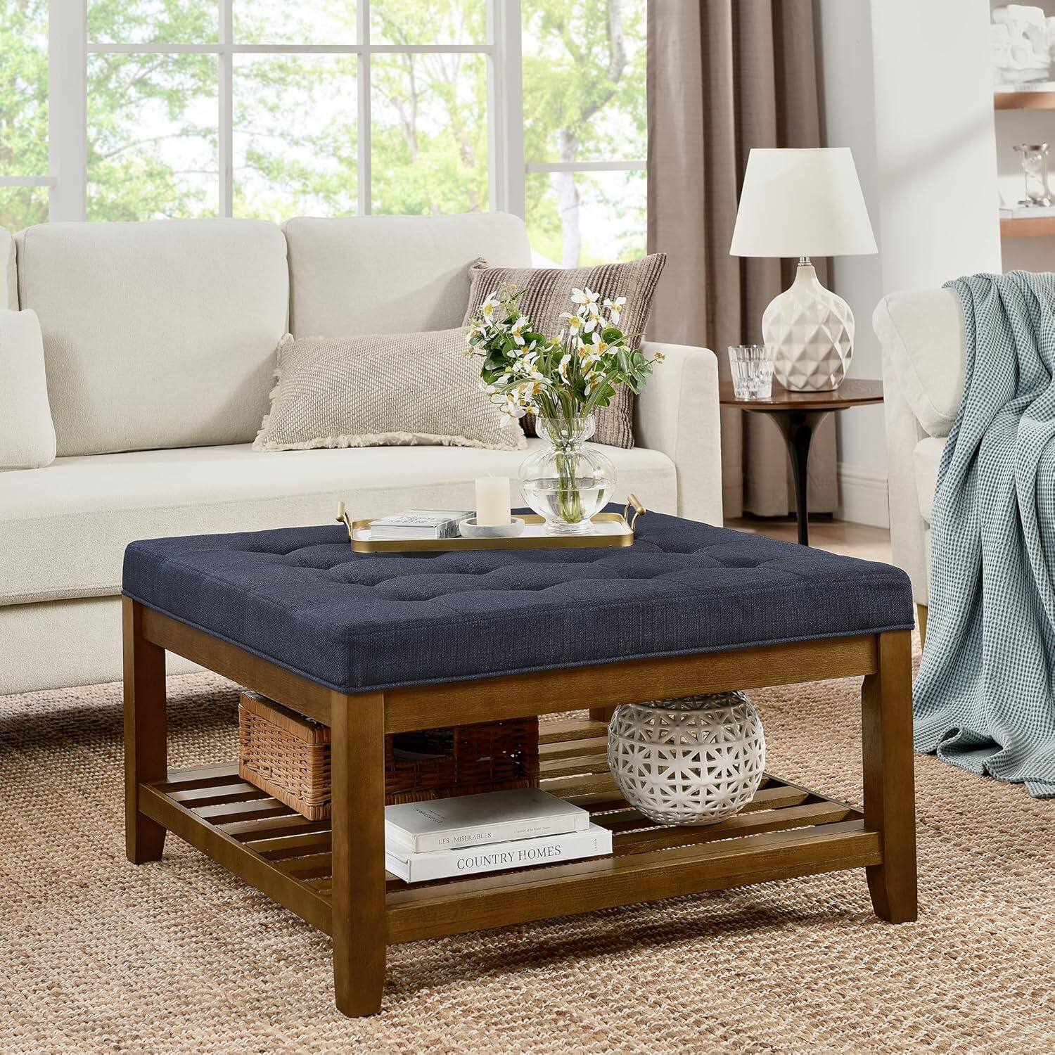Trinkets Crazed - Large Square Upholstered Tufted Linen Ottoman Coffee Table, Large Footrest Ottoman with Solid Wood Shelf - Navy Blue