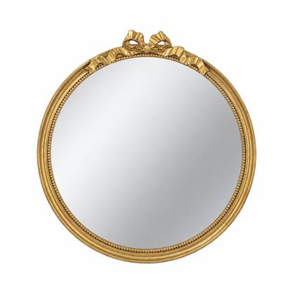 Front. RYHNUYNE - Round Decorative Wall Mirror, 30 x 32.1 in, Gold Wood Frame, Scrollwork Crown, MDF and Resin - Gold.