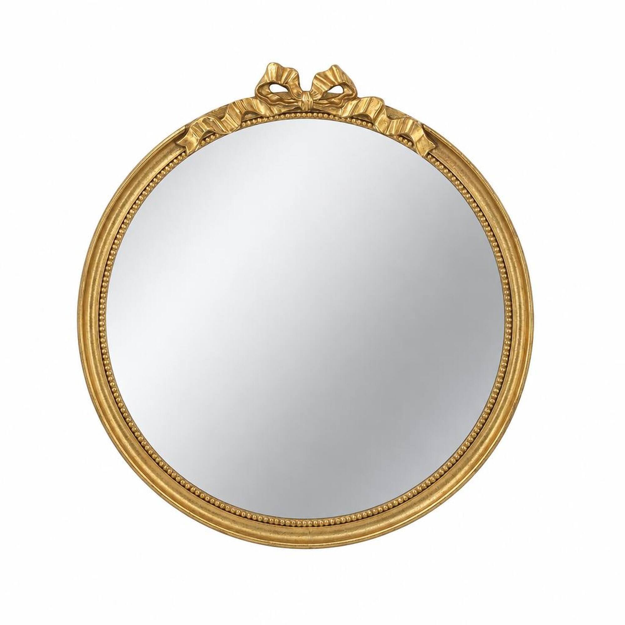 Front. RYHNUYNE - Round Decorative Wall Mirror, 30 x 32.1 in, Gold Wood Frame, Scrollwork Crown, MDF and Resin - Gold.