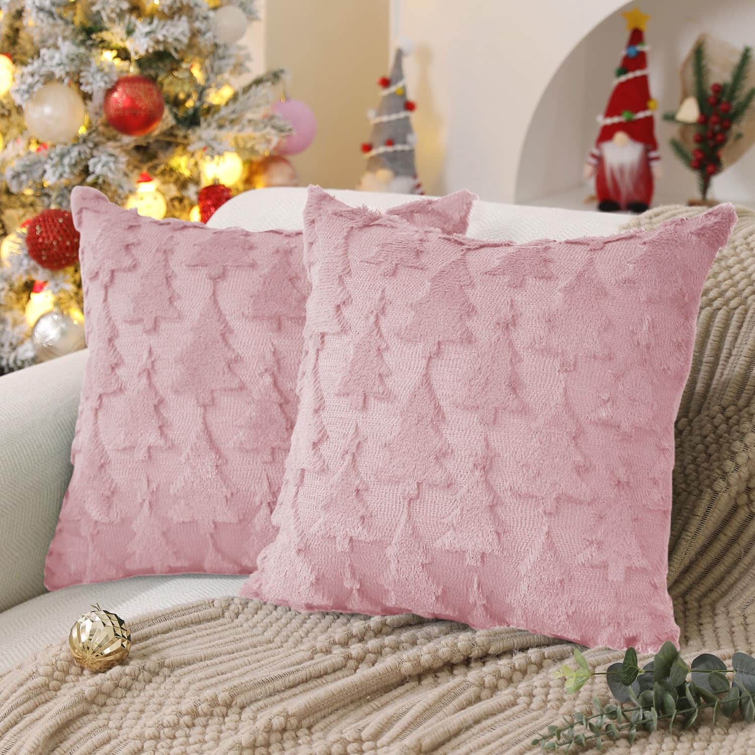 Stylel Star - DFXSZ Christmas Tree Pillow Covers 18x18 inch Set of 2 Christmas Decoration Beige Soft Plush Faux Fur Jacquard Throw - Pink Star Tree