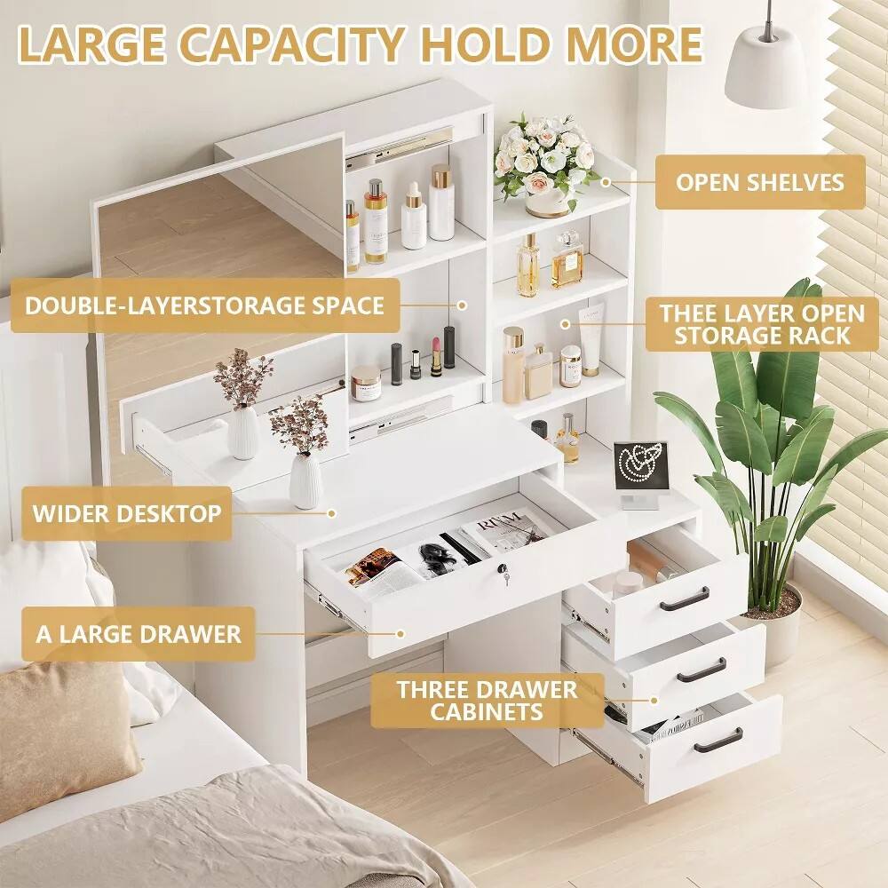 LARGE CAPACITY HOLD MORE  
OPEN SHELVES  
DOUBLE-LAYER STORAGE SPACE  
THEE LAYER OPEN STORAGE RACK  
WIDER DESKTOP  
A LARGE DRAWER  
THREE DRAWER CABINETS