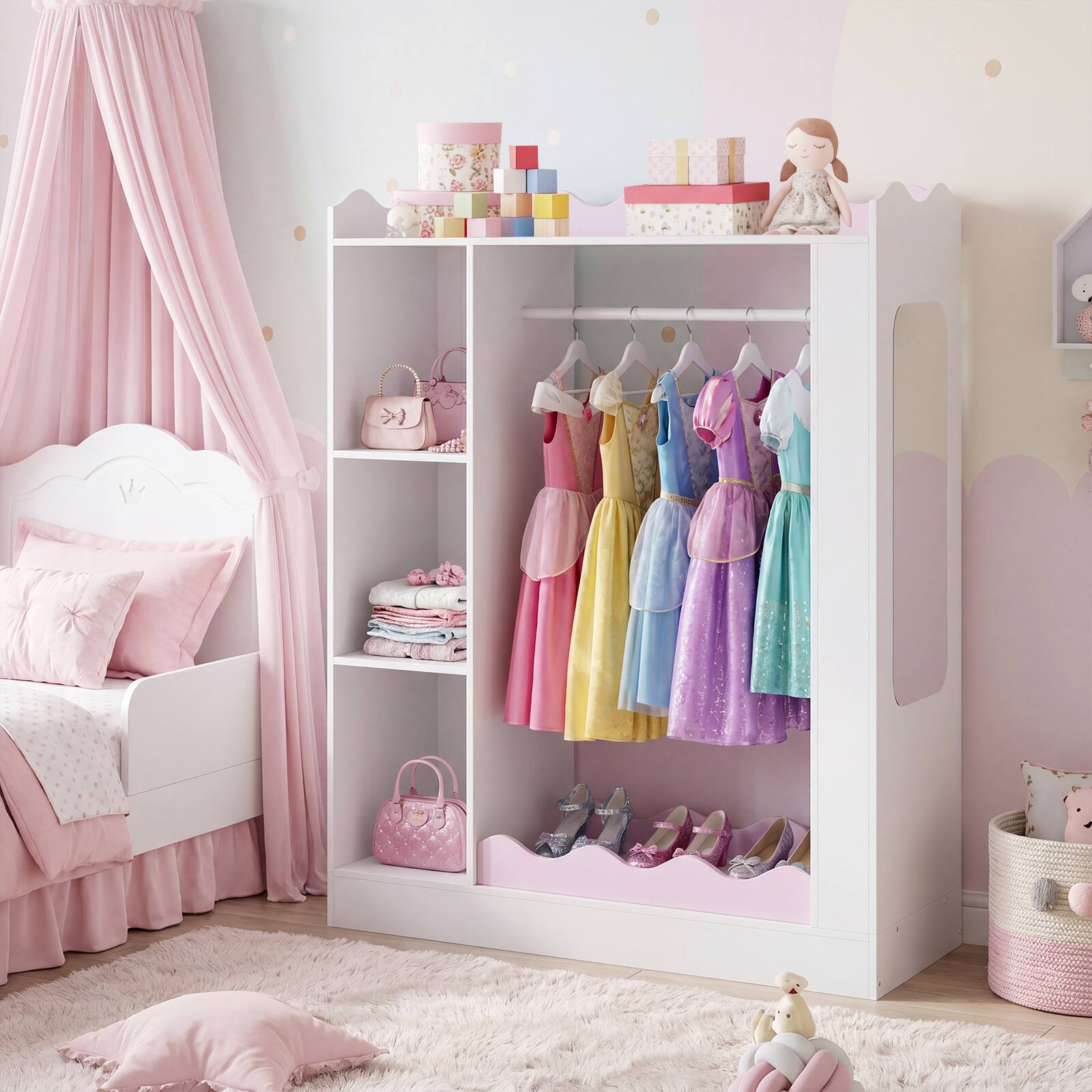 Alt View 3. Costway - Costway Kids Dress Up Storage with Mirrors, Children Wardrobe Closet with Open Hanging Rack - Pink.