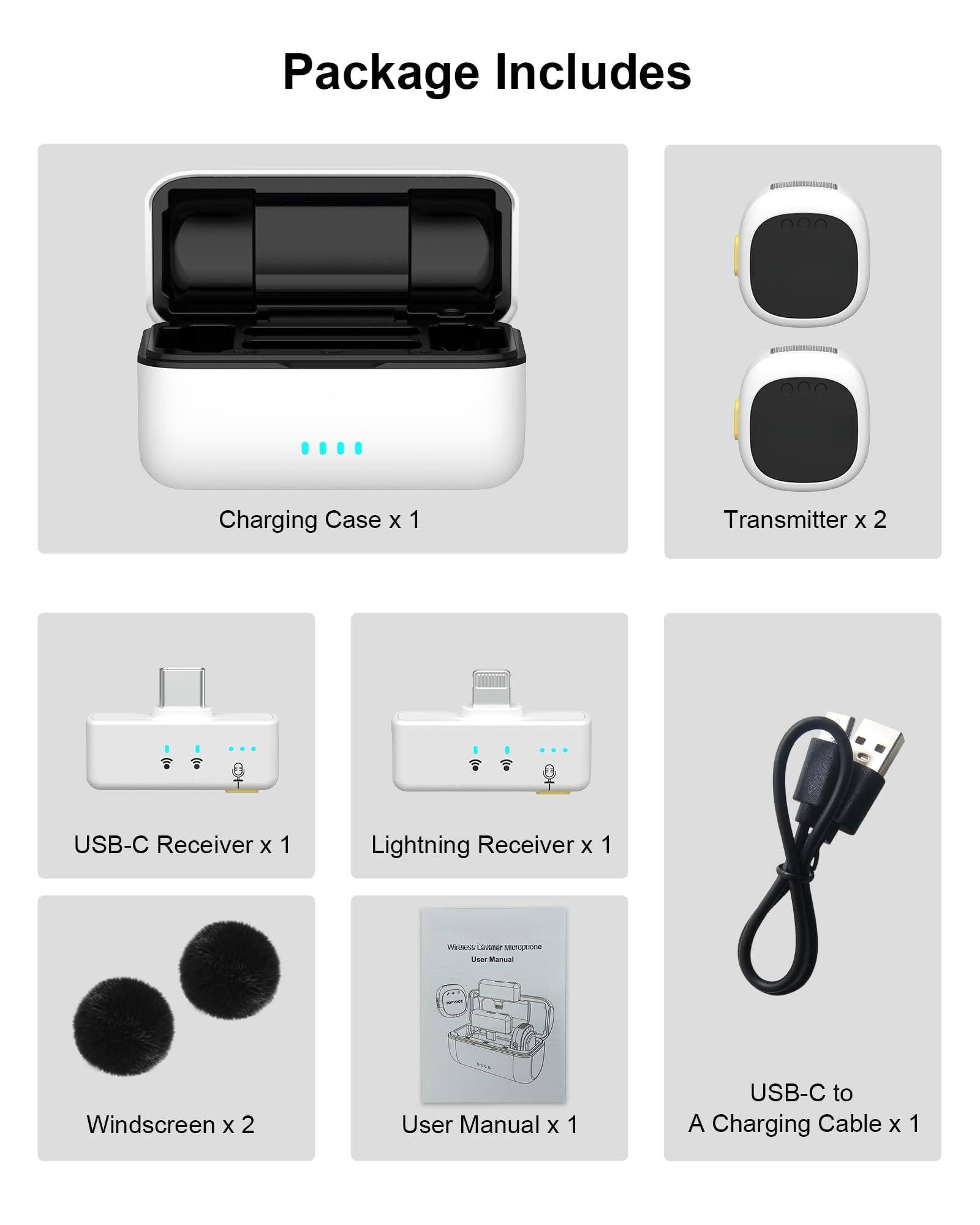 Package Includes

- Charging Case x 1
- Transmitter x 2
- USB-C Receiver x 1
- Lightning Receiver x 1
- Windsreen x 2
- User Manual x 1
- USB-C to A Charging Cable x 1