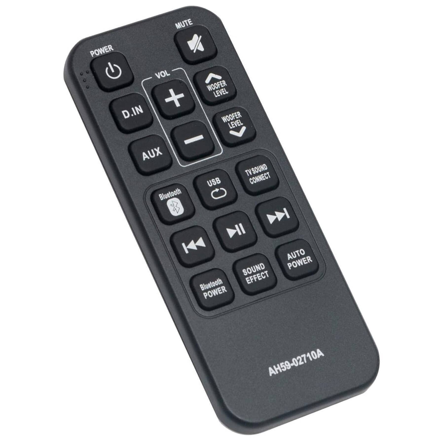 MUTE  
POWER  
VOL +  
VOL -  
D.IN  
AUX  
WOOFER LEVEL  
WOOFER LEVEL  
TV SOUND CONNECT  
USB  
Bluetooth POWER  
Bluetooth  
SOUND EFFECT  
AUTO POWER  
AH59-02710A