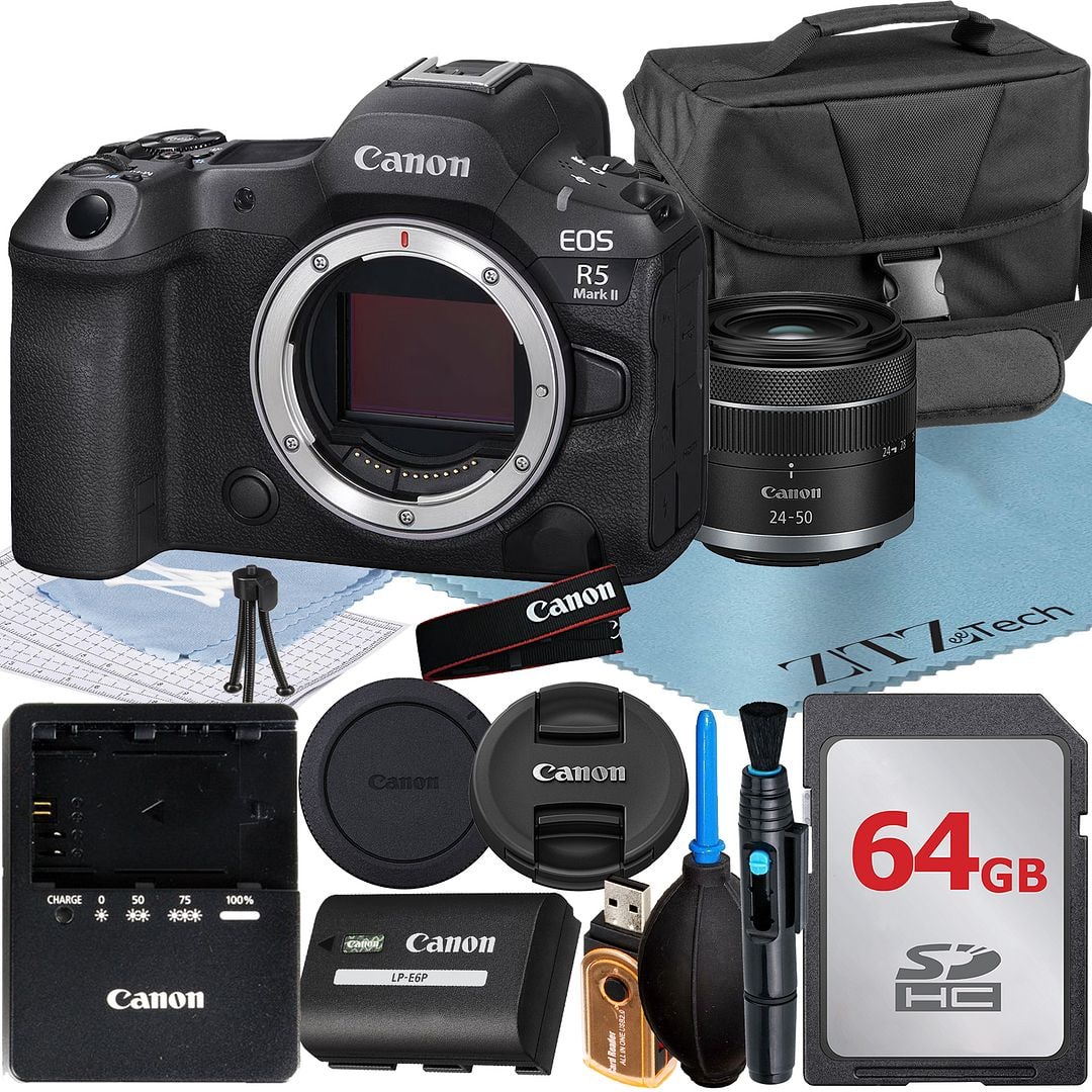 Canon - EOS R5 Mark II Mirrorless Camera with 24-50 Lens + 64GB Card + Case + ZeeTech Bundle (International Version) - Black