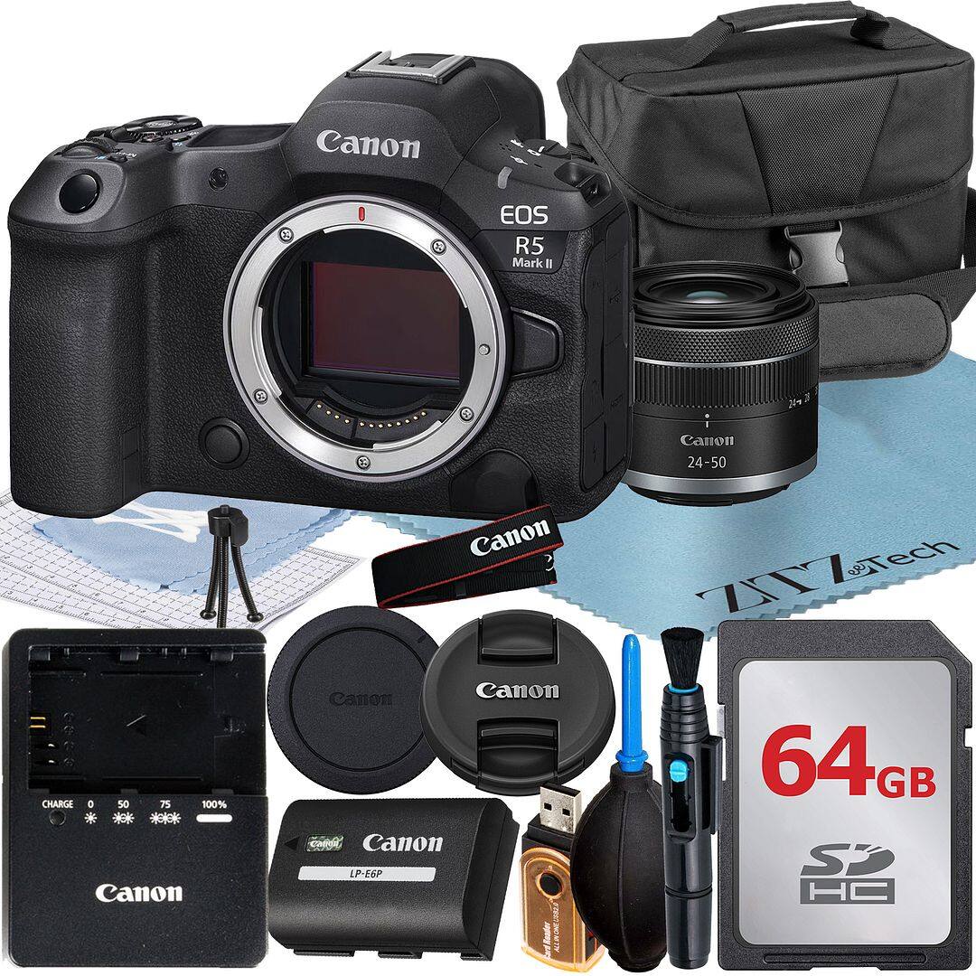 Canon EOS R5 Mark II  
Canon 24-50  
Canon LP-EGP  
Canon 64GB SDHC  
Canon Charger  
Canon Lens Cap  
Canon Lens Hood  
Canon Lens Cleaning Kit  
Canon Tripod