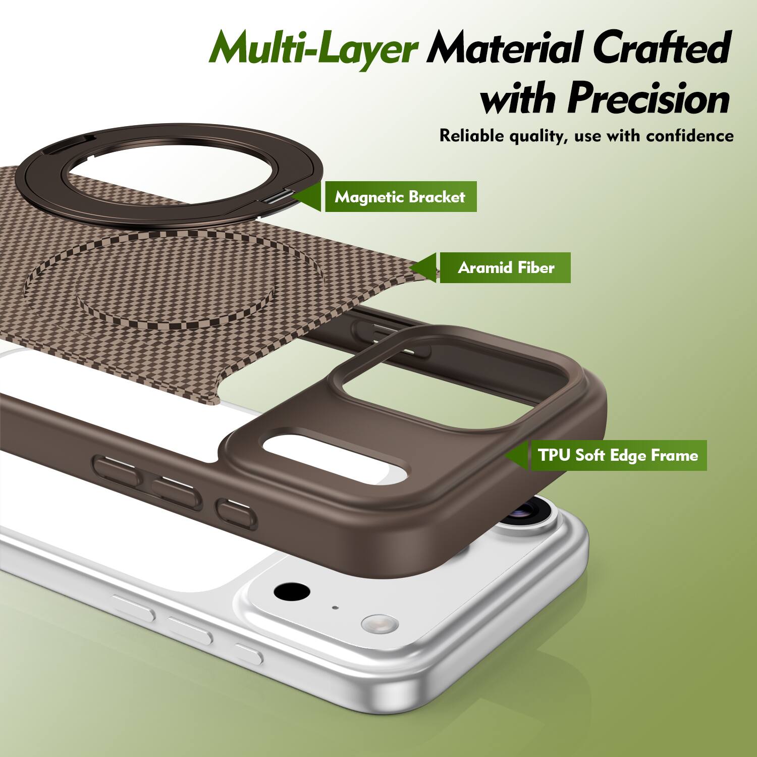 Multi-Layer Material Crafted with Precision  
Reliable quality, use with confidence  
Magnetic Bracket  
Aramid Fiber  
TPU Soft Edge Frame
