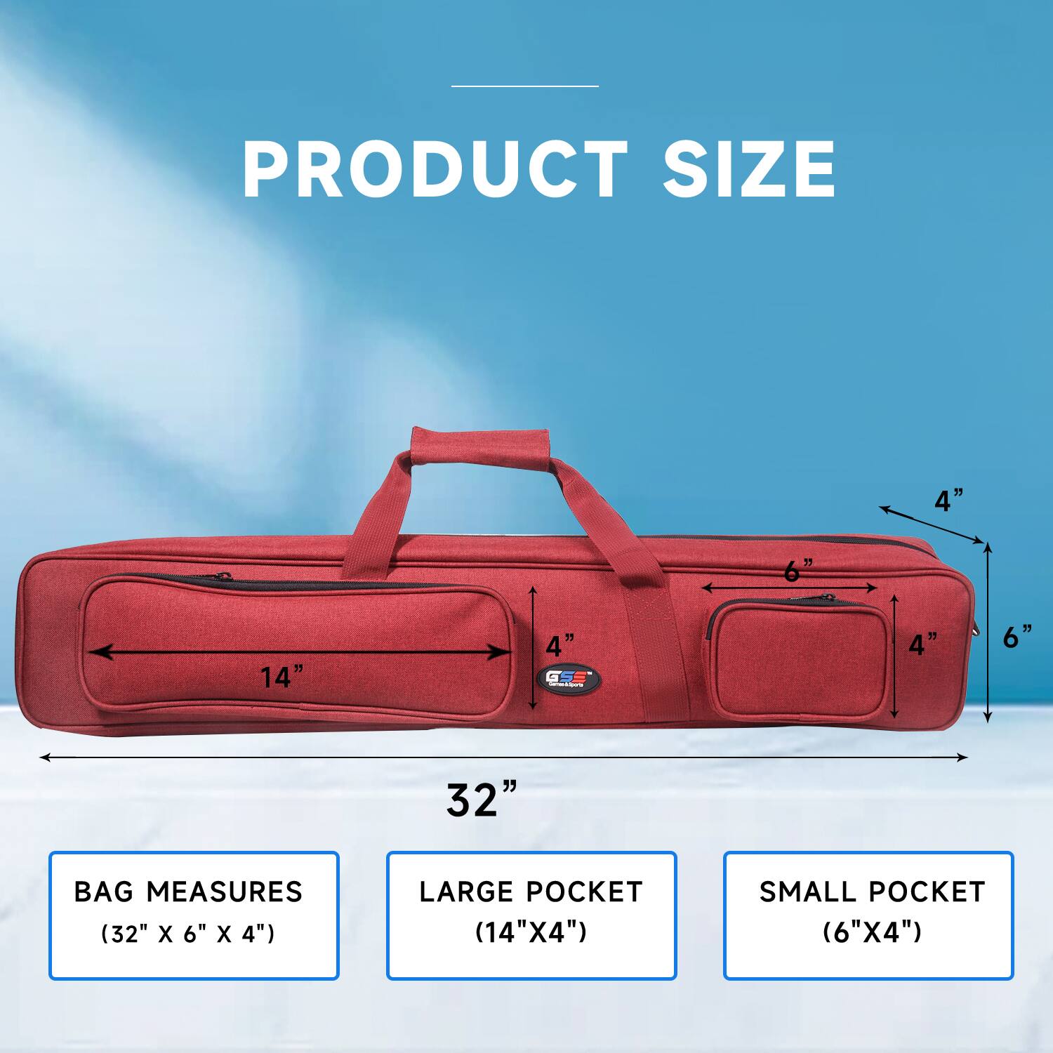 PRODUCT SIZE: 32" BAG MEASURES (32" X 6" X 4") LARGE POCKET (14"X4") SMALL POCKET (6"X4")