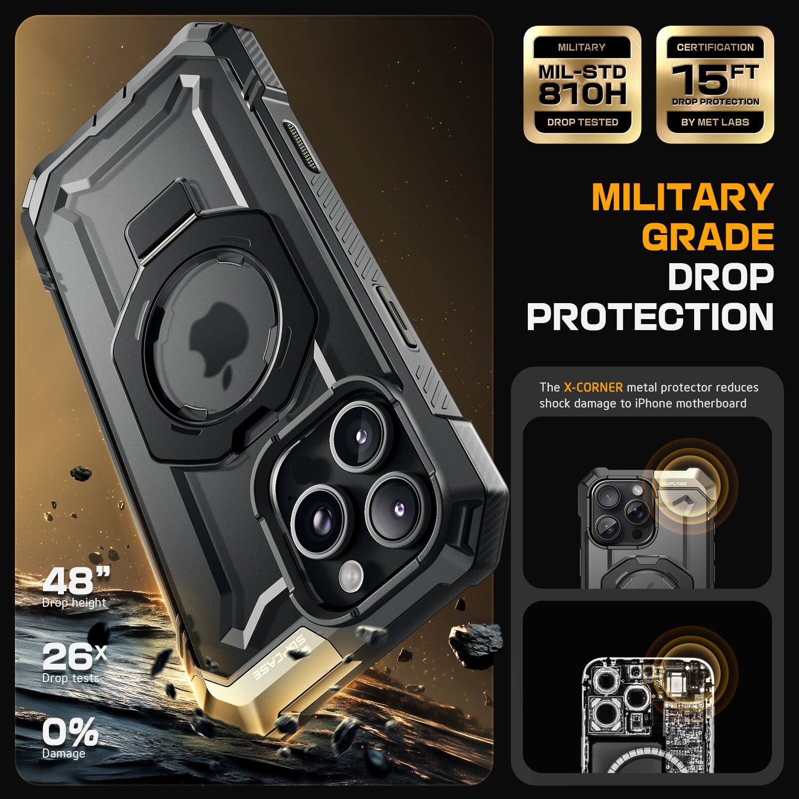 MILITARY CERTIFICATION MIL-STD 810H 15 FT DROP PROTECTION DROP TESTED BY MET LABS MILITARY GRADE DROP PROTECTION The X-CORNER metal protector reduces shock damage to iPhone motherboard 48" Drop-height 26x Drop tests 0% Damage SEPCASE