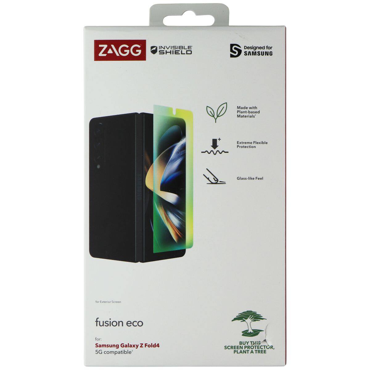 INVISIBLE ZAGG SHIELD  
Designed for SAMSUNG  
Made with Plant-based Materials + Extreme Flexible Protection Glass-like Feel  

Callerioe Screen fusion eco for: Samsung Galaxy Z Fold4 5G compatible  

BUY THIS SCREEN PROTECTOR, PLANT A TREE