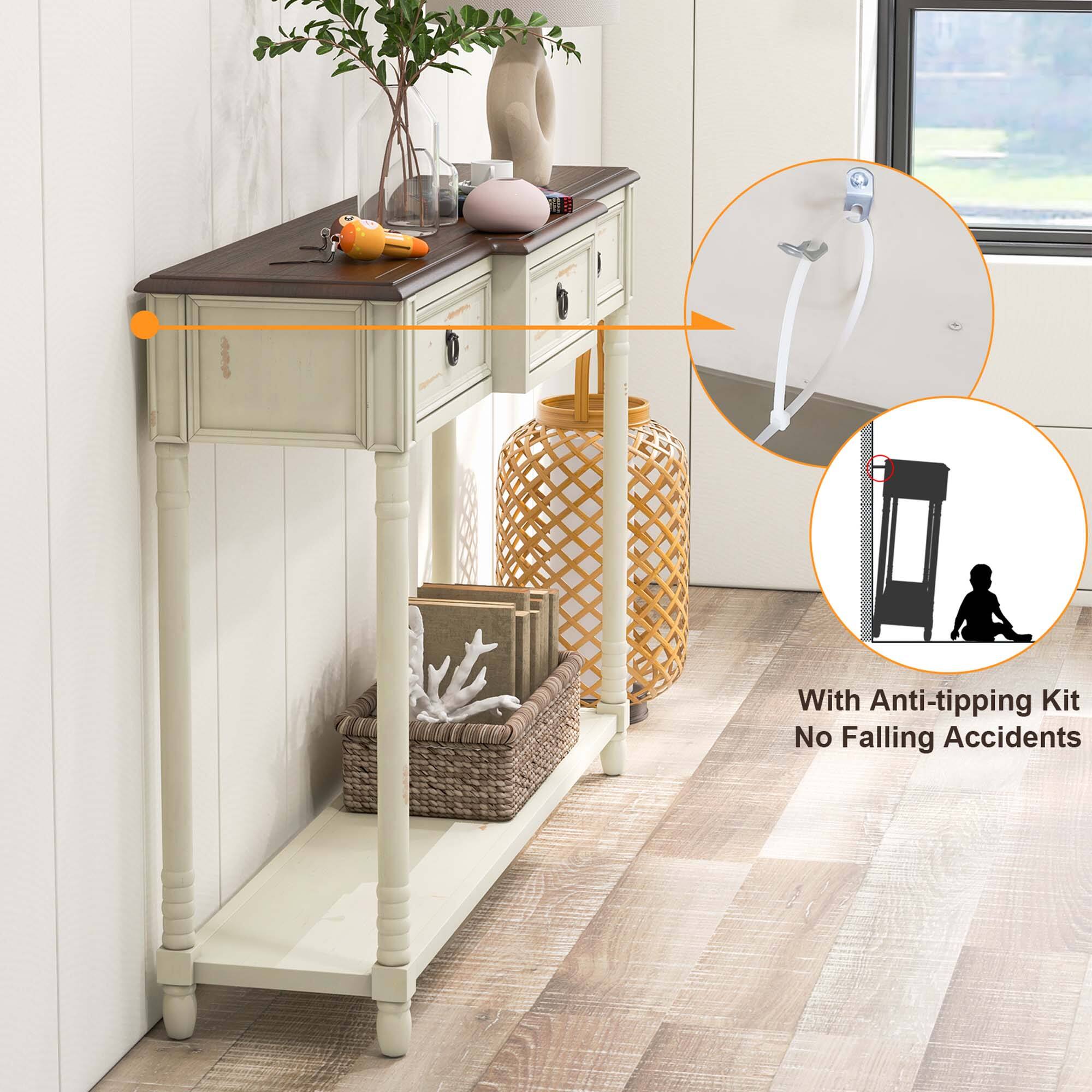 The image features a white table with a vase of flowers on top. The table is accompanied by a shelf and a basket. The text on the image reads "With Anti-tipping Kit No Falling Accidents." This suggests that the table and shelf are designed to prevent accidents or falls, possibly by providing stability or support. The presence of the anti-tipping kit and the no falling accidents text implies that the table and shelf are intended to be safe and secure for use.