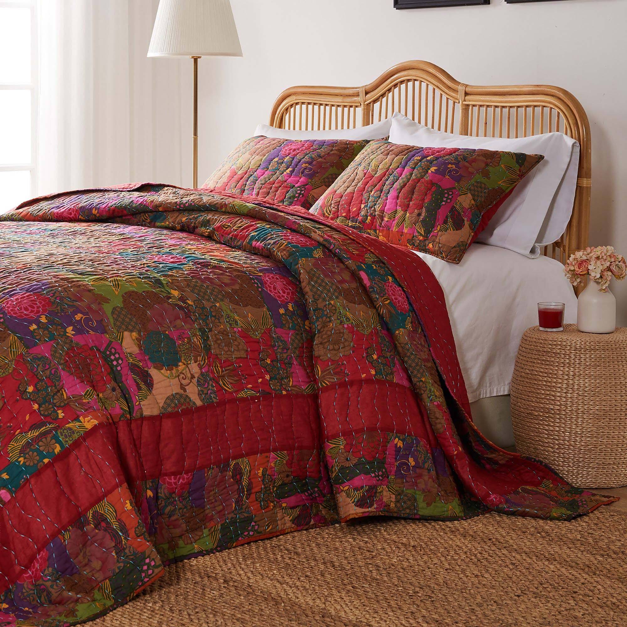 Alt View 2. Greenland Home Fashions - Greenland Home Fashions Jewel Cotton Kantha Quilted Bedspread Set 3-Piece King/California King Red - Multicolor.