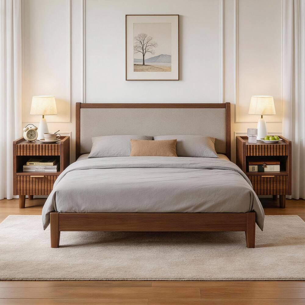 Alt View 2. JUJABU - Walnut Brown Fluted Wood Nightstand with Drawer and Open Storage, End Table for Living Room Home Decor - Brown.