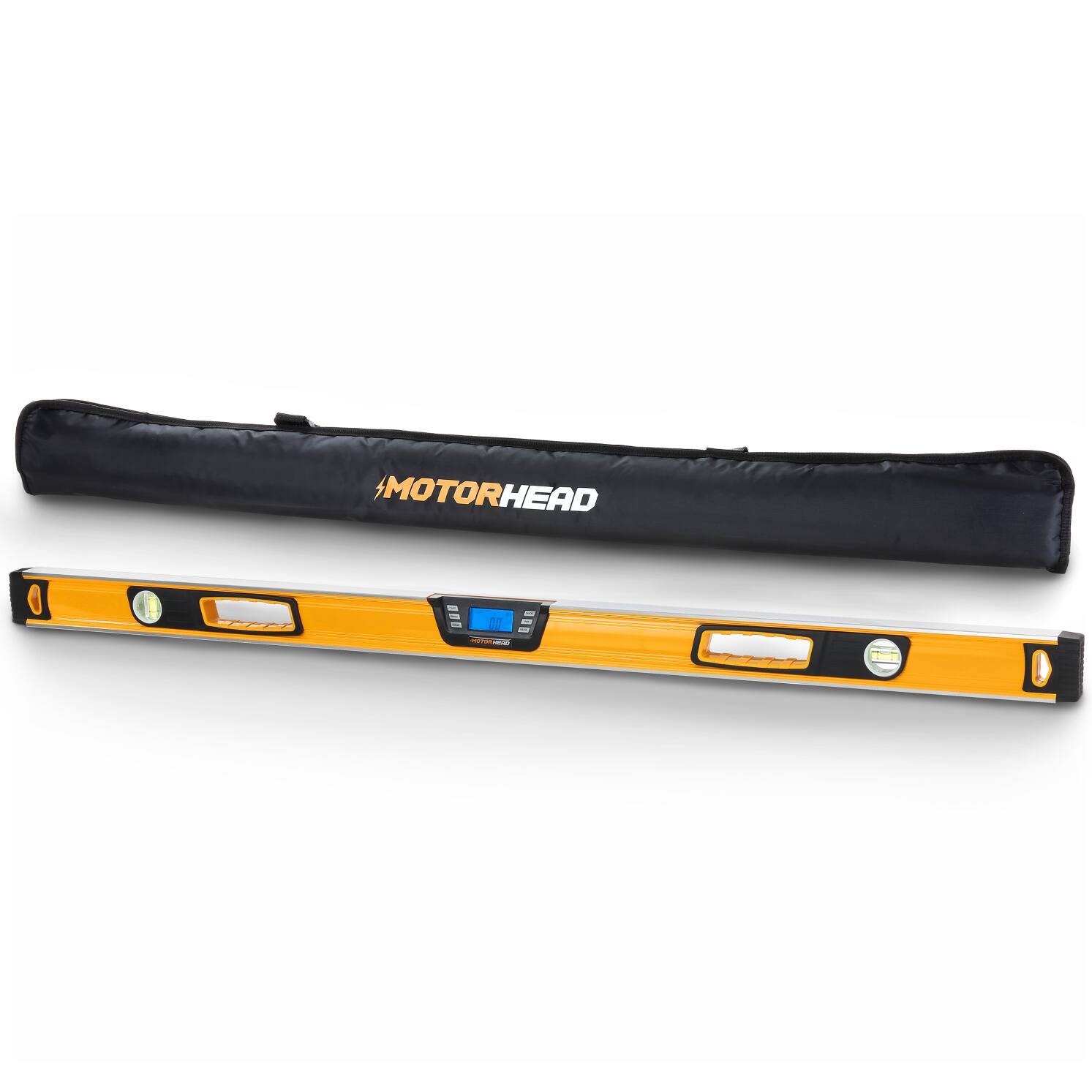 Front. MOTORHEAD - MOTORHEAD 48 Inch Smart Digital Level, 0 to 360 Degree Range, Magnetic Base, Solid Aluminum Body.