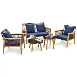 Costway - 5PCS Outdoor Rattan Woven Conversation Set Stable Acacia Wood Frame for Backyard - Navy