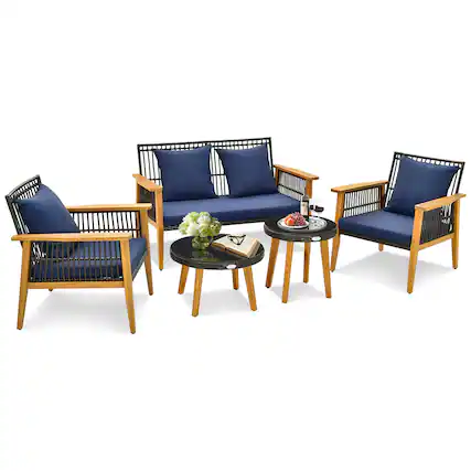 Front. Costway - Costway 5PCS Outdoor Rattan Woven Conversation Set Stable Acacia Wood Frame for Backyard - Navy.