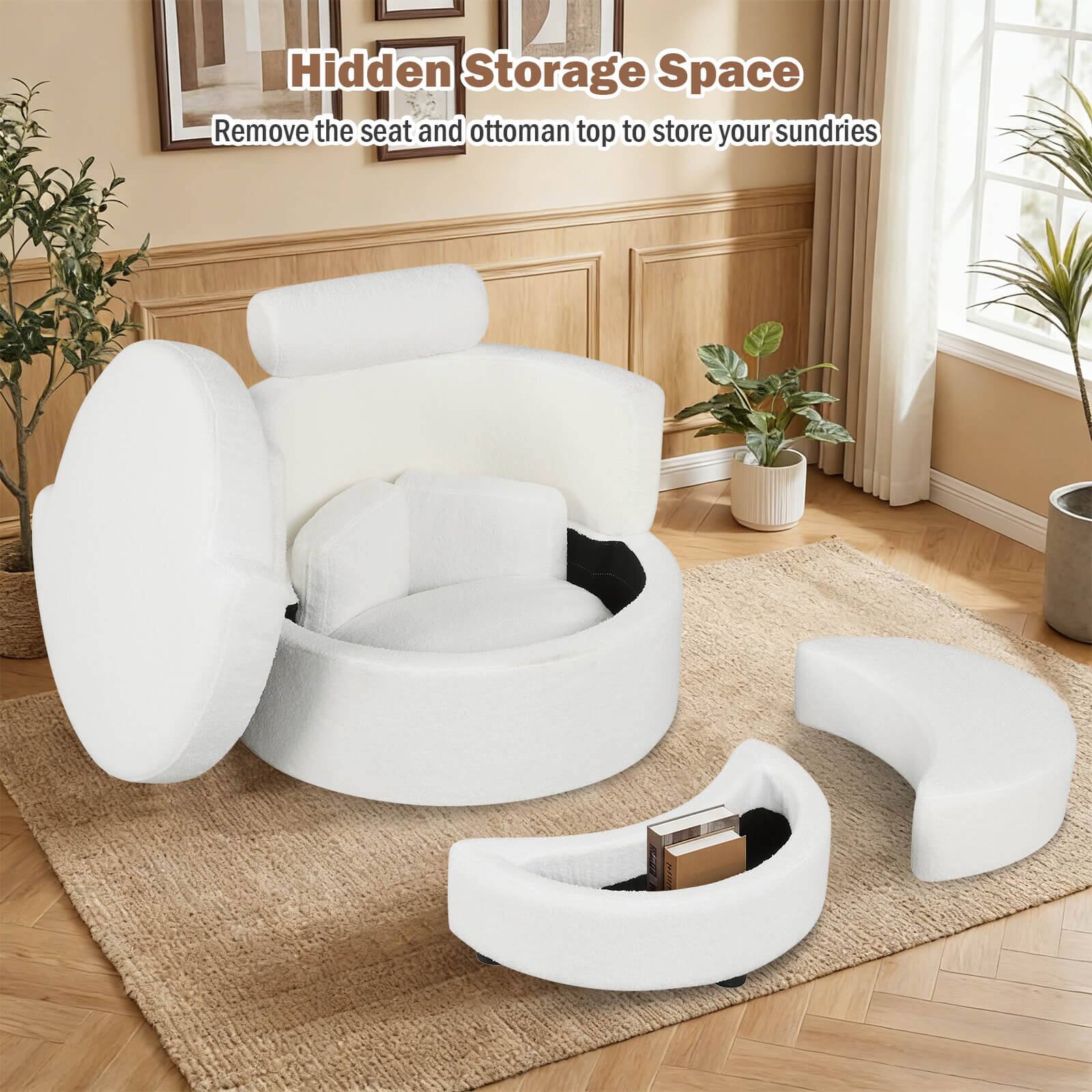 Hidden Storage Space  
Remove the seat and ottoman top to store your sundries