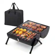 Front. Winado - Portable Charcoal Grill with Thermometer, Dual-Sided Tabletop Barbecue Grill for Outdoor Camping Cooking Backyard Party - Black.