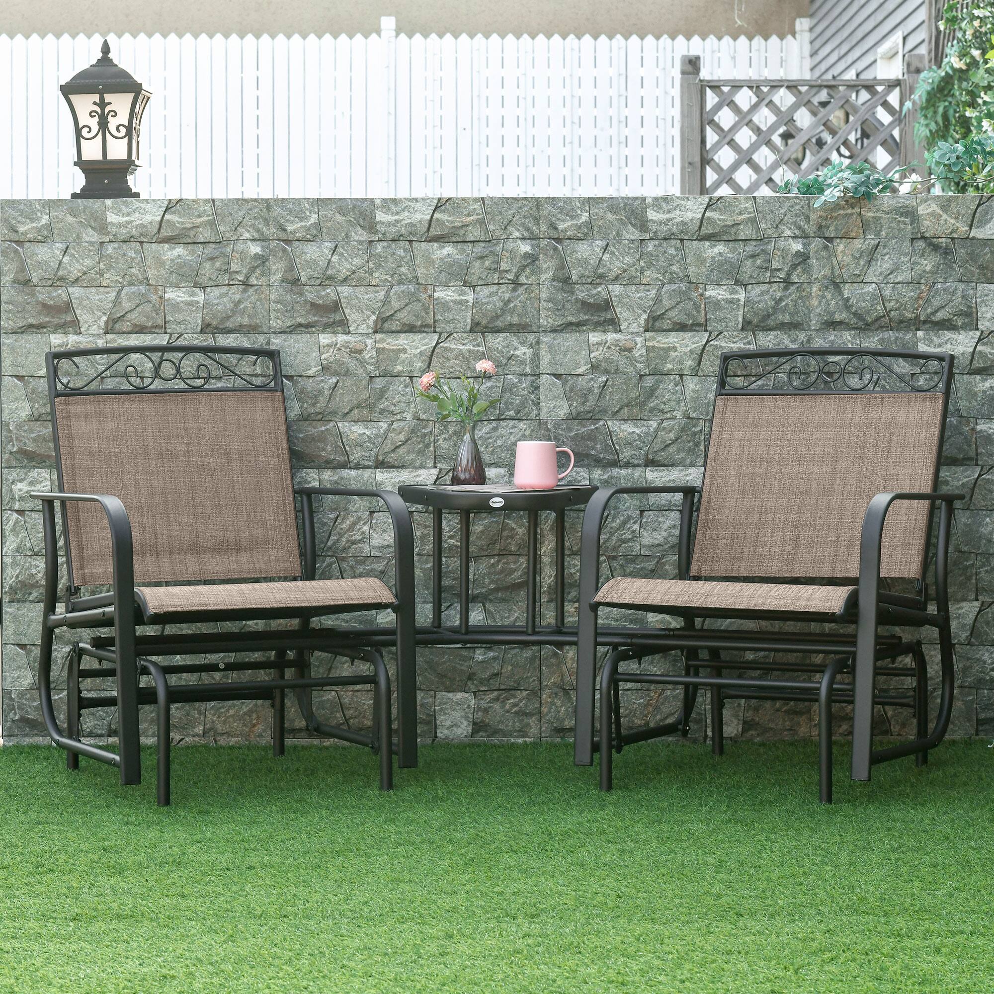 Angle. Outsunny - Outdoor Glider Chairs with Coffee Table, Patio 2-Seat Rocking Chair Swing with Breathable Sling for Backyard - Brown.