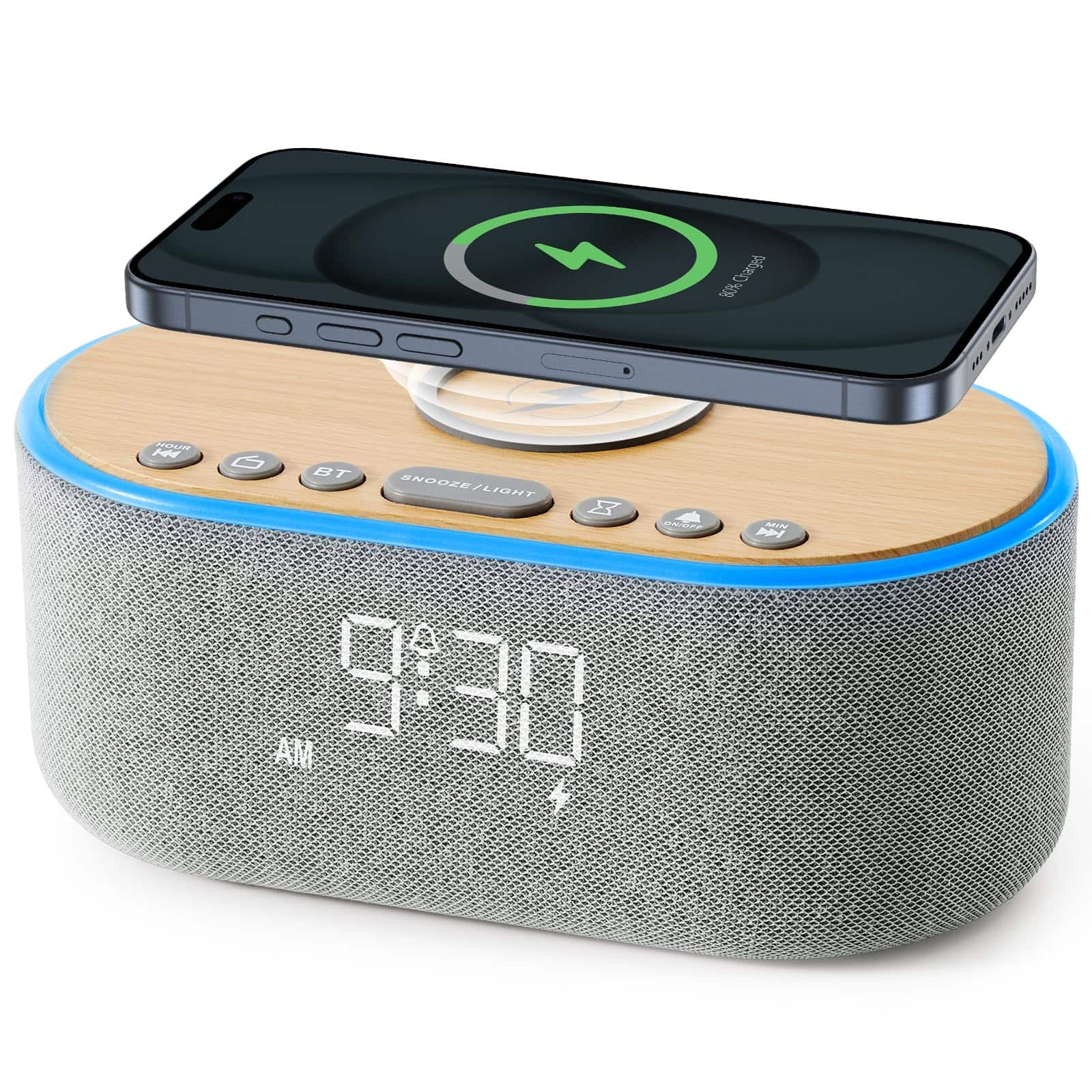 Dazzed Corner - Alarm Clock Bluetooth FM Radio,Fast Wireless Charging - Gray