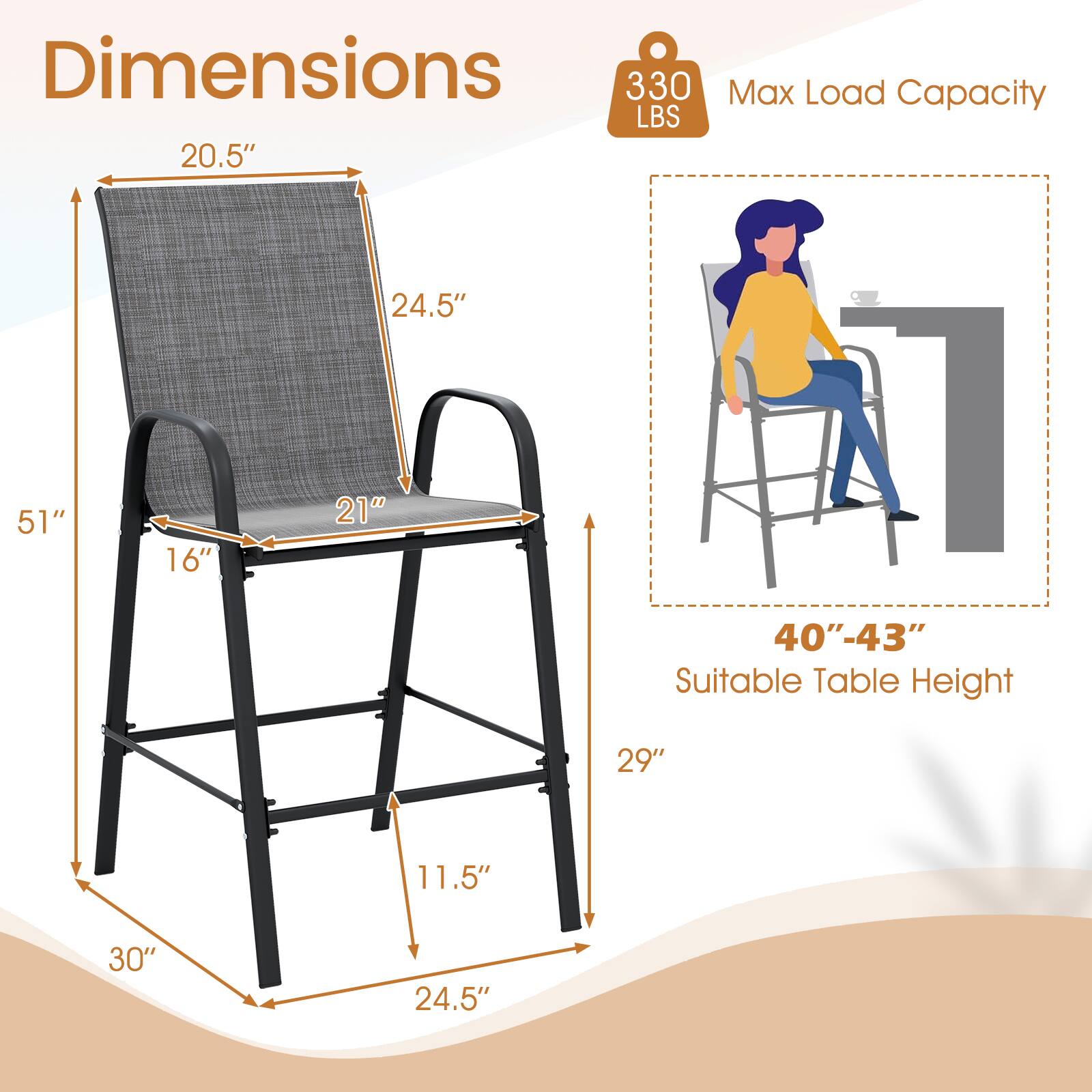 Dimensions:
- Height: 51"
- Width: 24.5"
- Depth: 20.5"
- Seat Height: 29"
- Seat Width: 21"
- Armrest Height: 16"
- Base Width: 30"
- Base Depth: 24.5"
- Base Height: 11.5"

Max Load Capacity: 330 LBS

Suitable Table Height: 40" - 43"