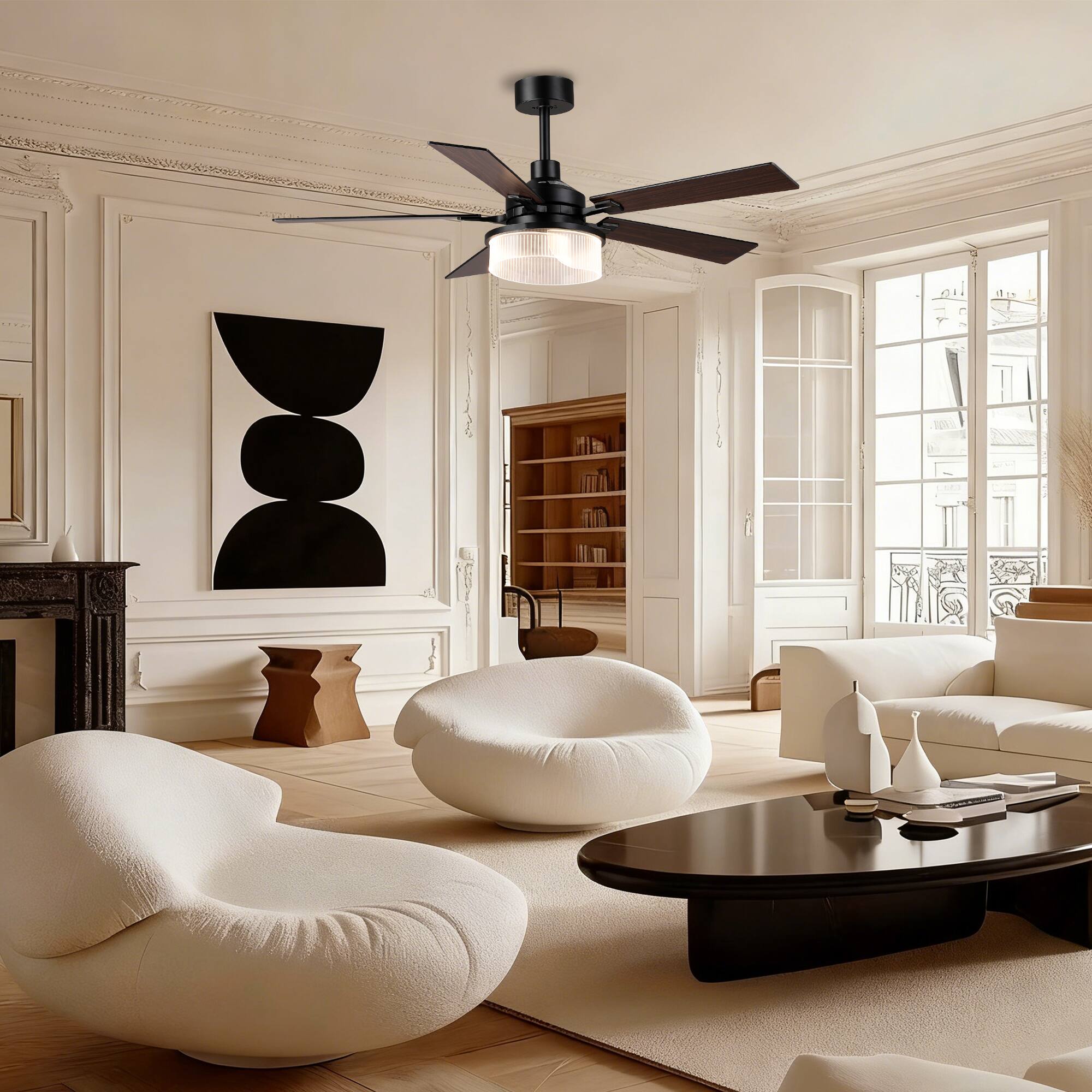 Left. Parrot Uncle - 52-inch Modern Matte Black Stepless Dimming 3CCT Integrated LED Ceiling Fan with Reversible Blades - Black.