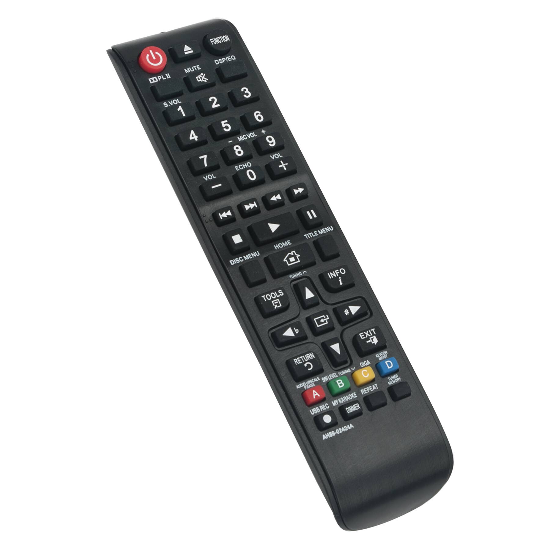 FUNCTION  
DSP/EQ MUTE  
S.VOL 1 2 3 4 5 6  
MICVOL 7 8 9  
VOL 0 - +  
ECHO + -  
TITLE MENU  
DISC MENU  
HOME  
INFO  
TOOLS  
EXIT  
RETURN  
GIGA  
TUNG  
B  
C  
SM  
NGOSPICALE  
MO  
Faids  
REPEAT  
A  
KARAOKE  
MY USB REC  
DIMMER  
AH59-02424A