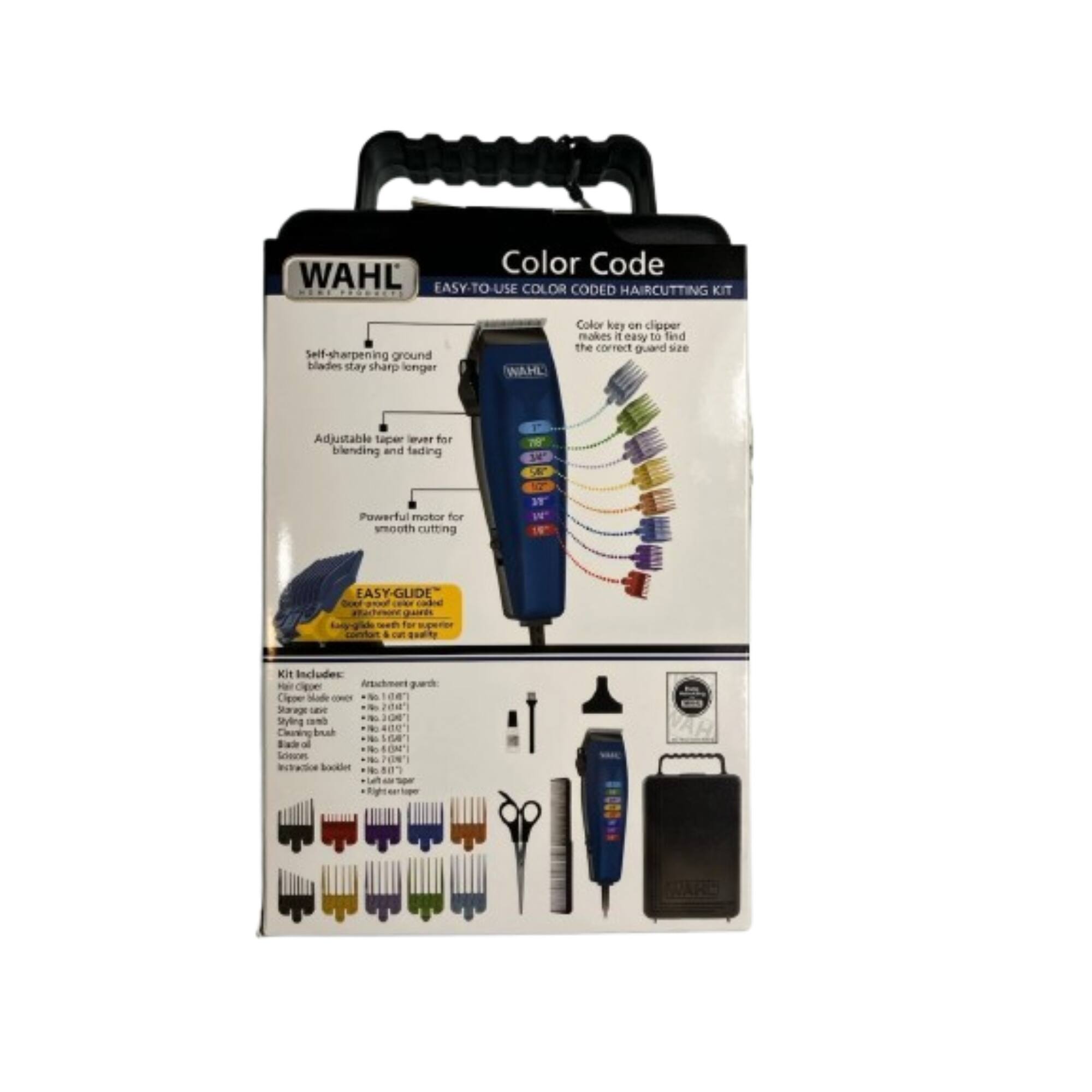 Color Code WAHL EASY-TO-USE COLOR CODED HAIRCUTTING KIT  
Self-sharpening ground blades stay sharp longer  
WAHL Color key on clipper makes it easy to find the correct guard size  
Adjustable taper lever for blending and fading  
Powerful motor for smooth cutting  
EASY-GLIDE blade for superior cutting & control  
Includes:  
- Hair clipper  
- Storage case  
- Styling comb  
- Blade oil  
- Brush  
- Instruction booklet  
- Right-hand clipper  
- 14 attachment guards  
- 20" Storage case  
- 64" Fading comb  
- 10" Styling comb