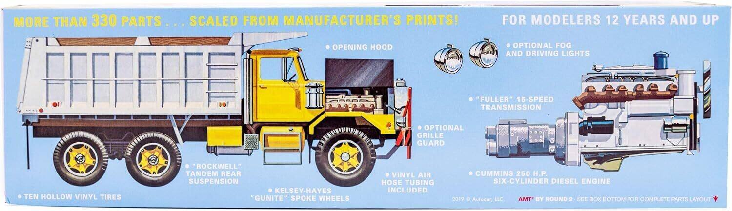 MORE THAN 330 PARTS ... SCALED FROM MANUFACTURER'S PRINTS!  
FOR MODELERS 12 YEARS AND UP  

- OPENING HOOD  
- OPTIONAL FOG AND DRIVING LIGHTS  
- FULLER "15-SPEED TRANSMISSION"  
- OPTIONAL GRILLE GUARD  
- TEN HOLLOW VINYL TIRES  
- "ROCKWELL" TANDEM REAR SUSPENSION  
- KELSEY-HAYES "GUNITE" SPOKE WHEELS  
- VINYL AIR HOSE TUBING INCLUDED  
- CUMMINS 250 H.P. SIX-CYLINDER DIESEL ENGINE  

2019 Autocar, LLC  
AMT BY ROUND 2  
SEE BOX BOTTOM FOR COMPLETE PARTS LAYOUT