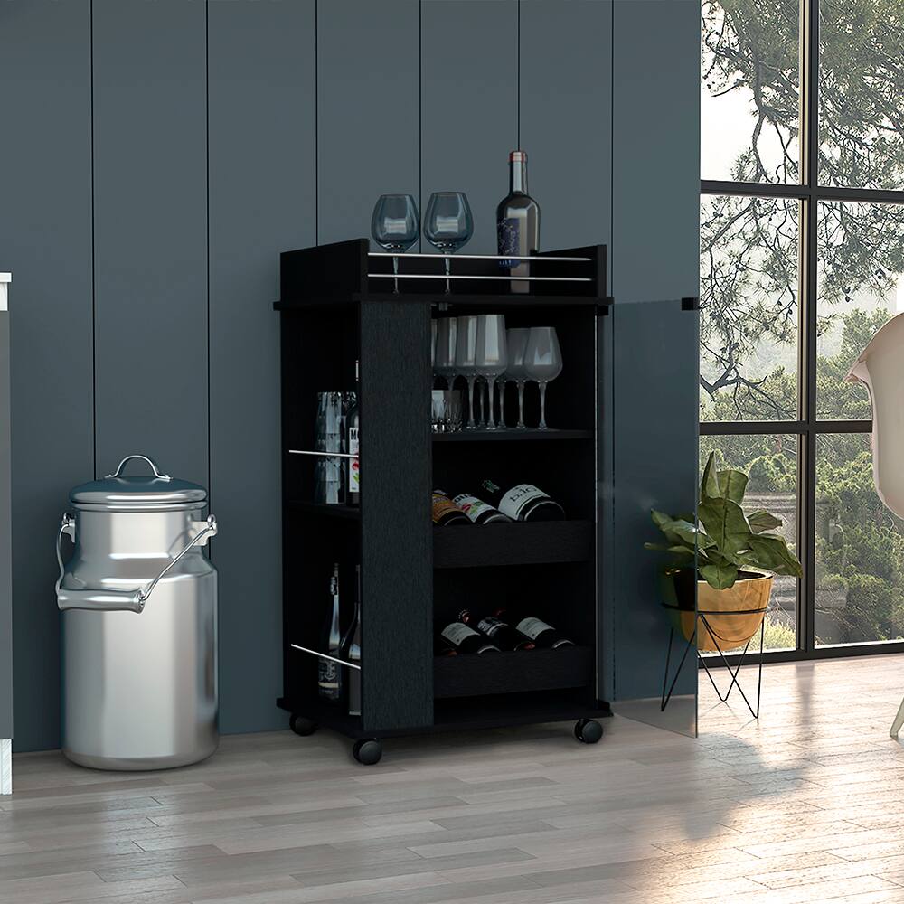 Back. TuHome - Baltimore Bar Cart with Casters, Glass Door, 2-Side Shelf, Living Room or Bar Room - Black.