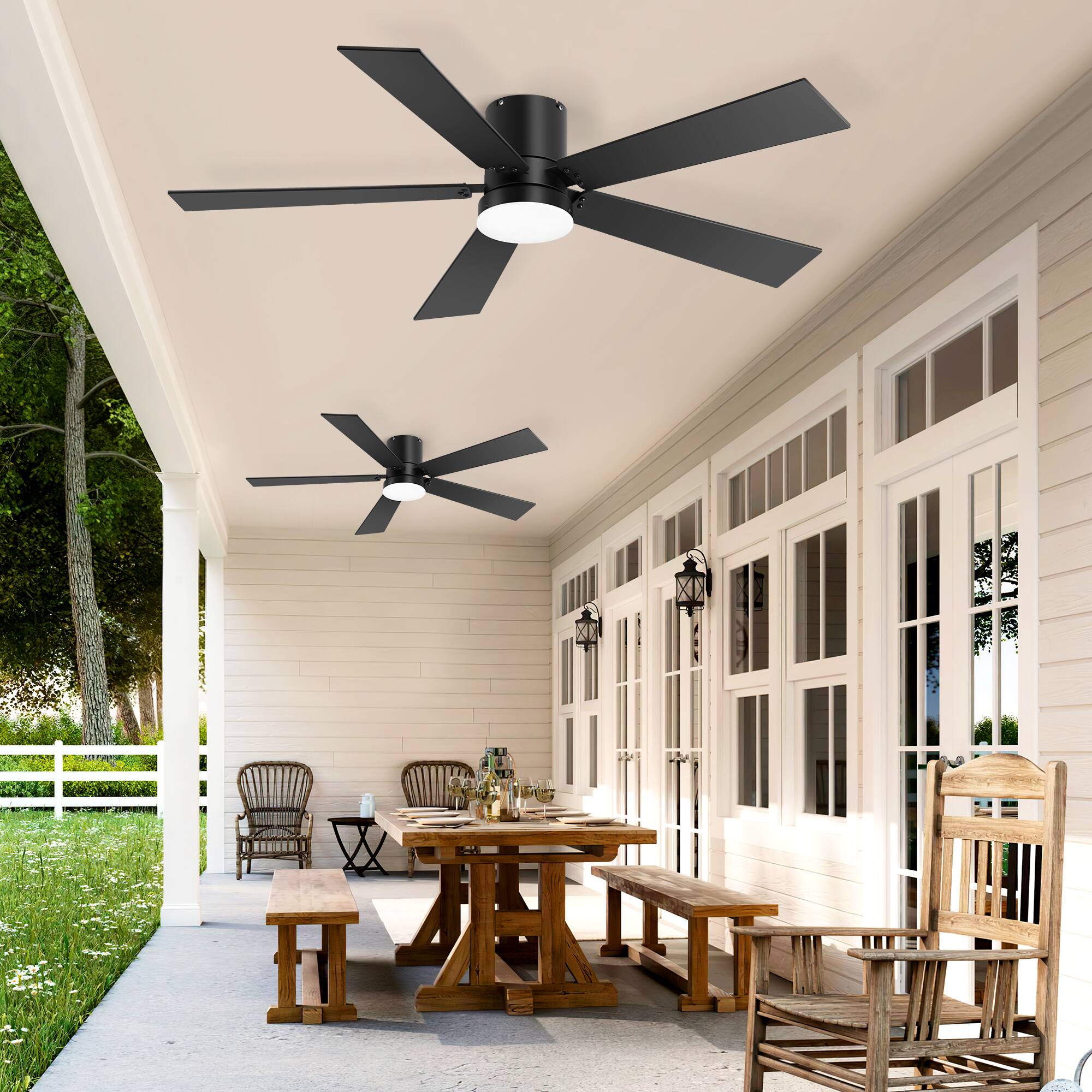 Angle. Breezary - 42-Inch Ceiling Fan with LED Light, Dual-Color Reversible Plywood Blades, Flush Mount 2-Pack, DC Motor, Remote - Black (two pack).