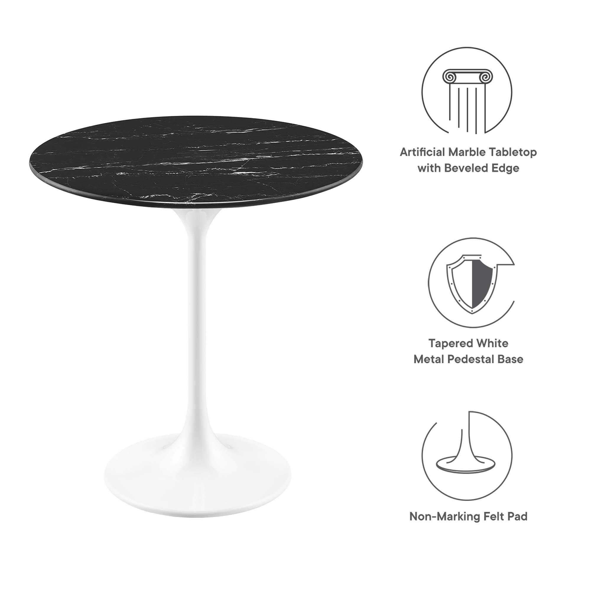 Artificial Marble Tabletop with Beveled Edge  
Tapered White Metal Pedestal Base  
Non-Marking Felt Pad