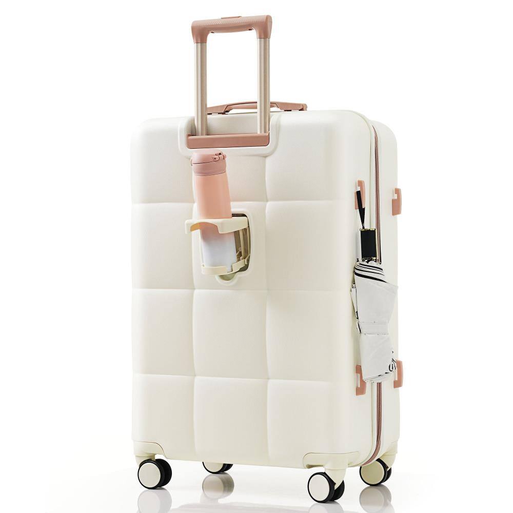 Angle. BreeBe - Luggage Set of 3, Airline Certified Carry-on Luggage with Cup Holder, ABS Hard Shell Luggage with Spinner Wheels - White+Gold.