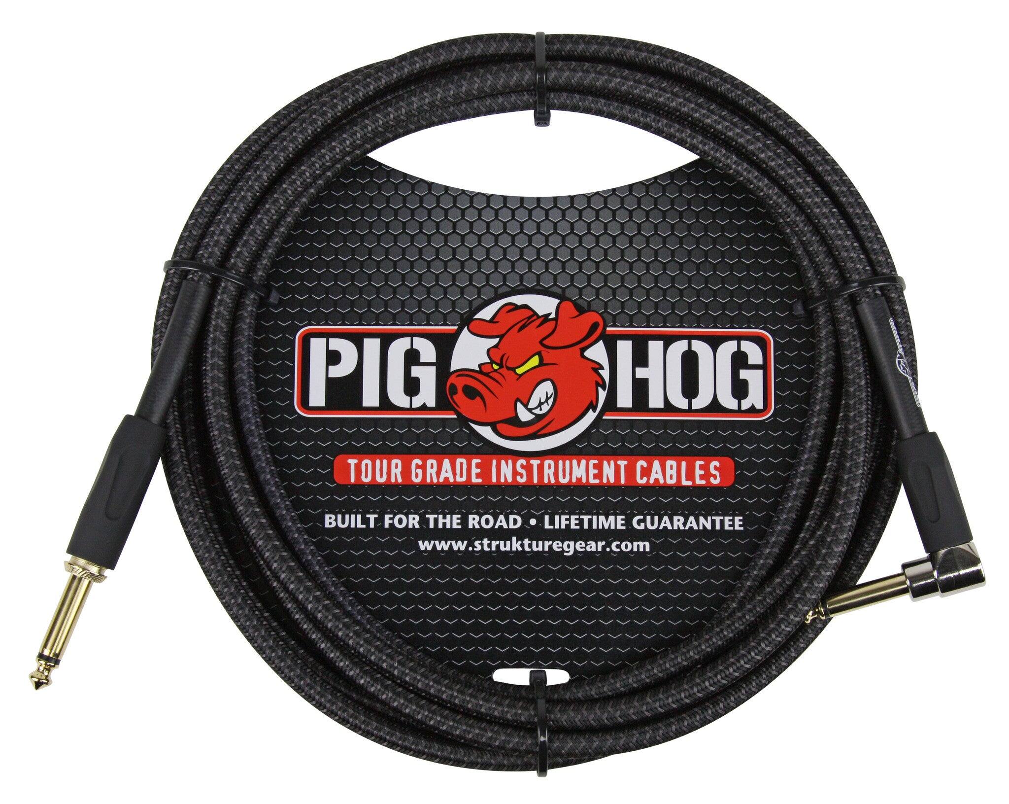 Pig Hog - Woven Tour Grade Instrument Cable 1/4" to 1/4" Right Angle 10ft , PCH10BKR - Black