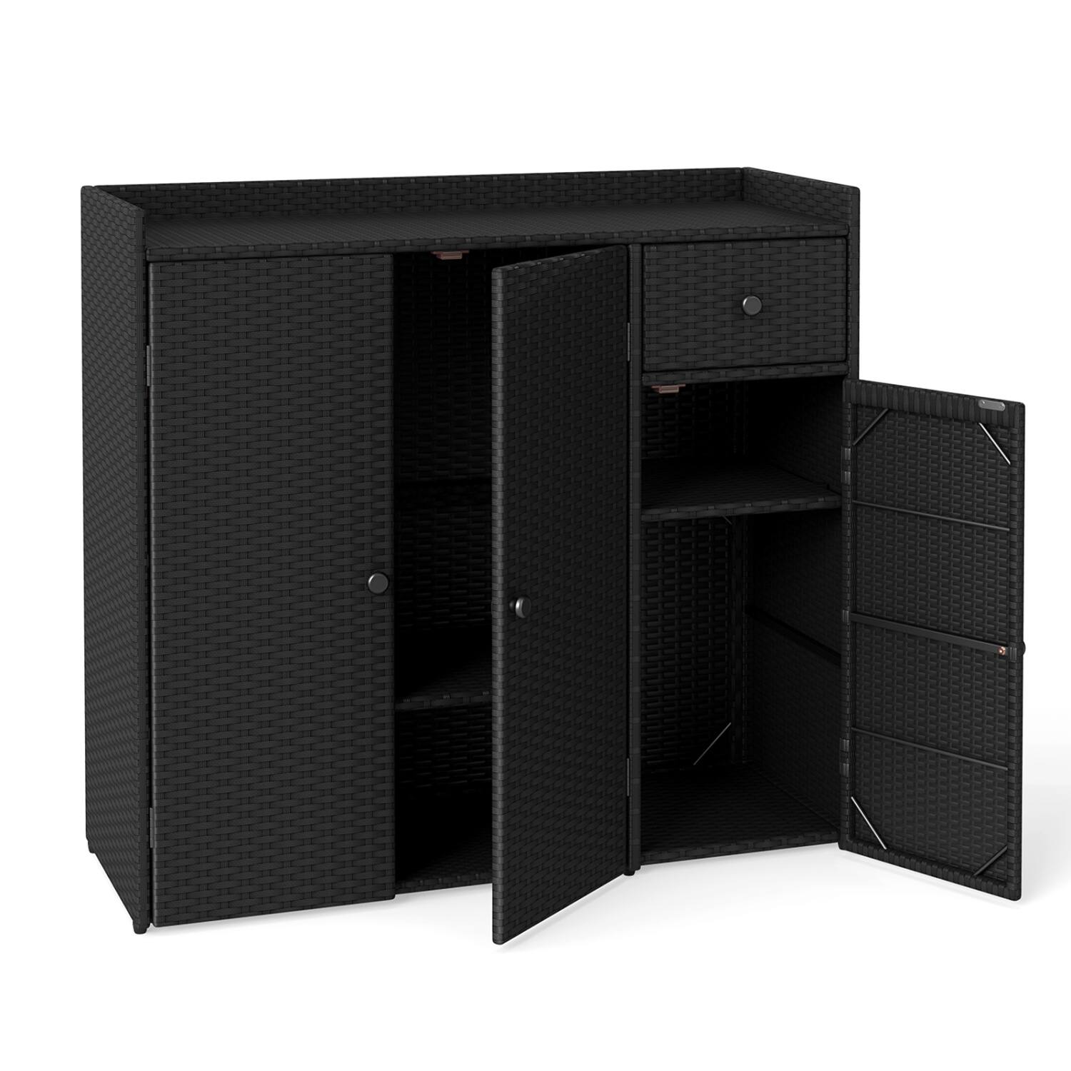 Front. WELLFOR - Outdoor PE Wicker Storage Cabinet with 3 Doors and Adjustable Shelves and Drawer - Black.